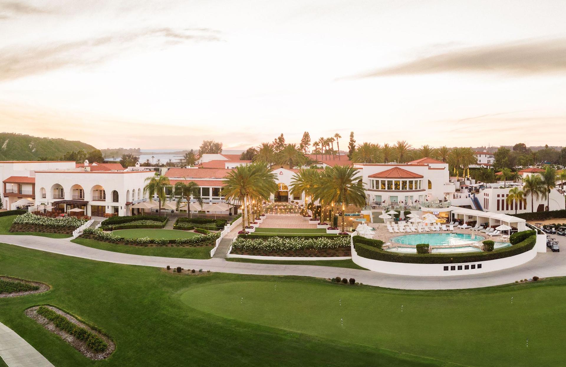 Panoramic view of the Omni La Costa Resort & spa’s bungalow style building and outdoor pool