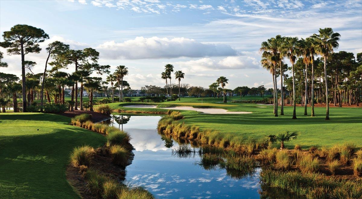 Panoramic view of the course nestled with palm trees and a lake leading through the course