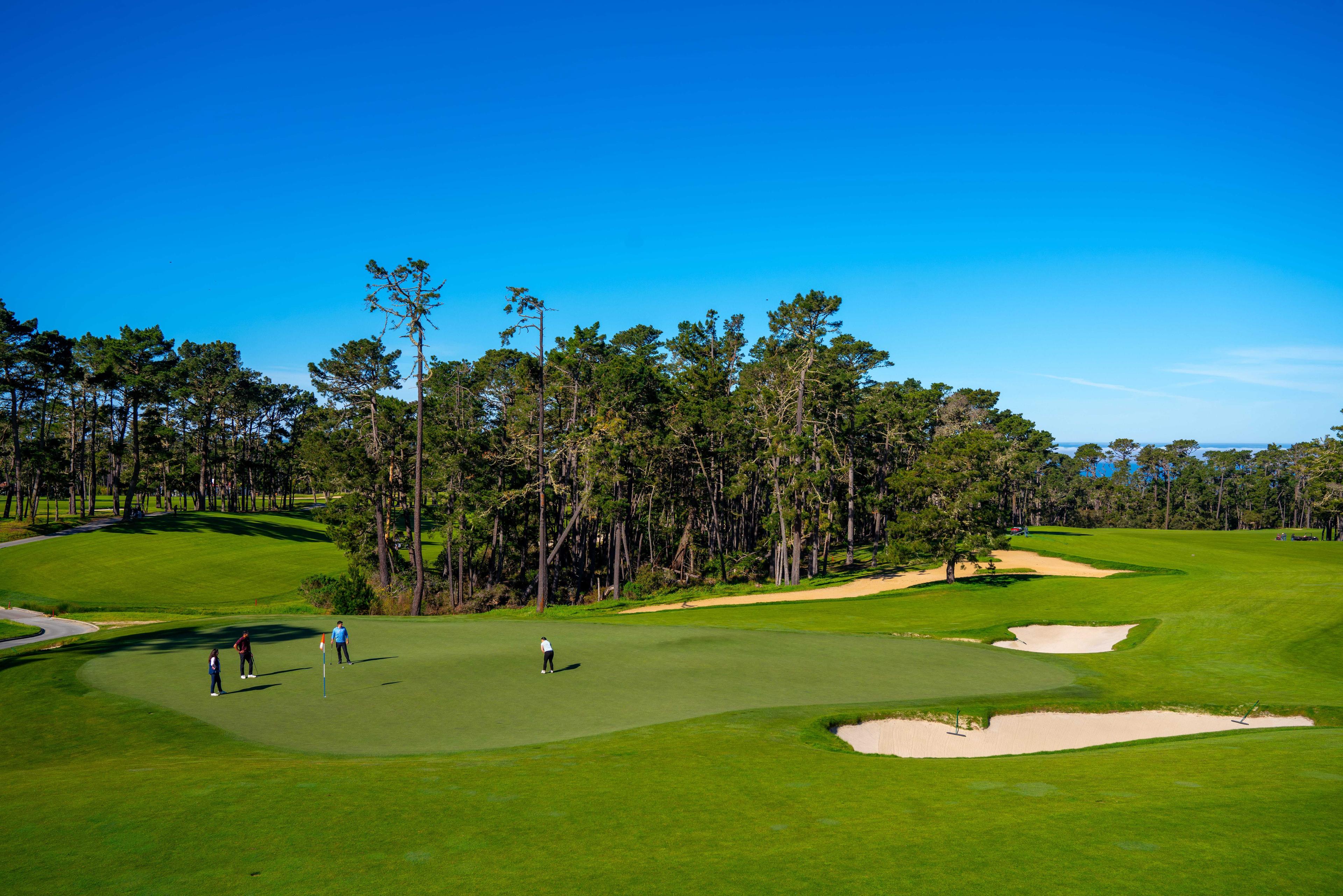 Golfers enjoying their round on smooth putting green under clear blue skies
