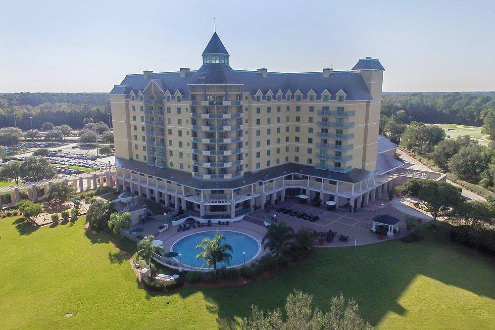 The Renaissance Resort building and their outdoor pool looking over the on sight course