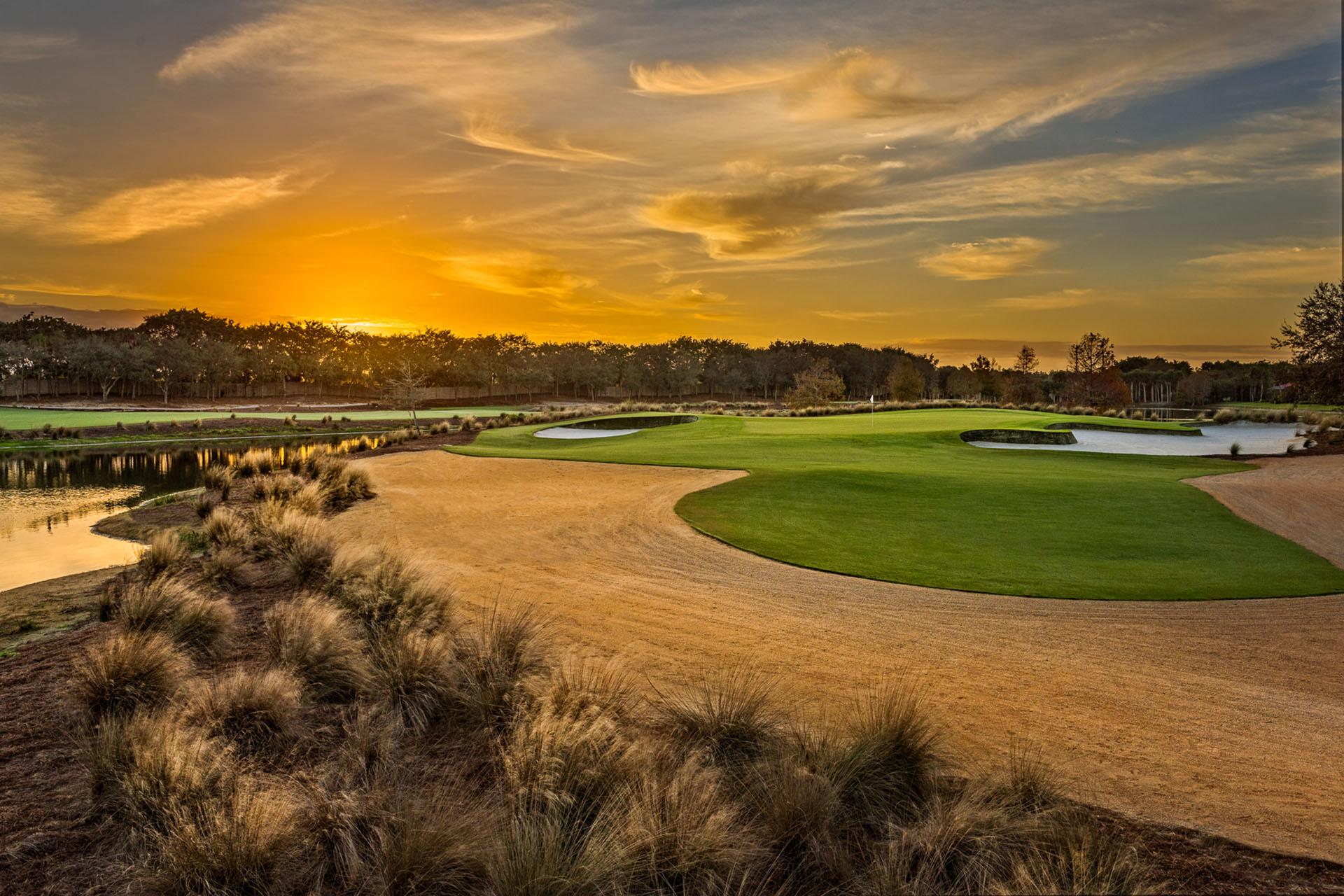 Panoramic view of the course under evening sun