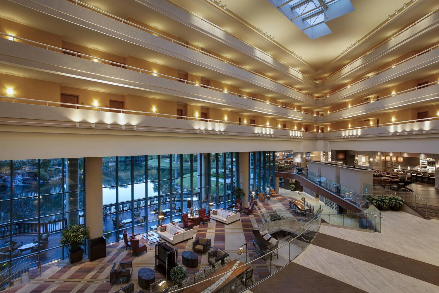 Indoor balconies from the hotel suite's looking over the reception and lounging area at the resort