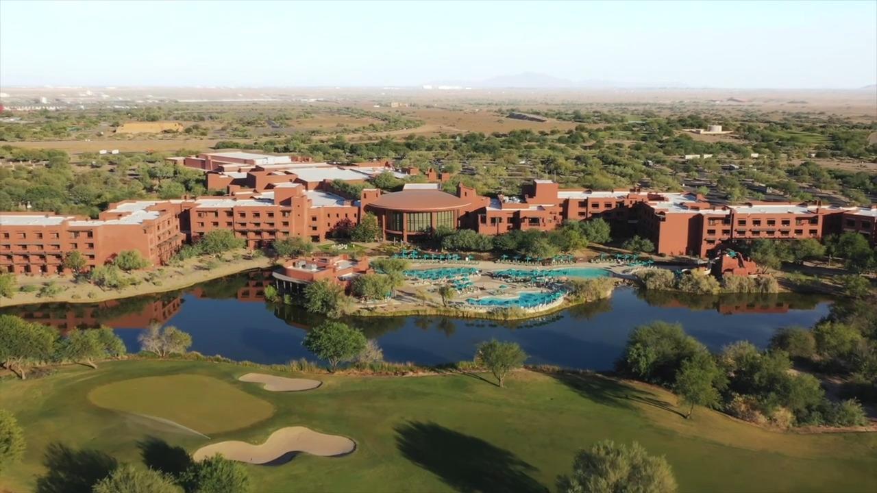 Overhead view of the resort overlooking the golf course
