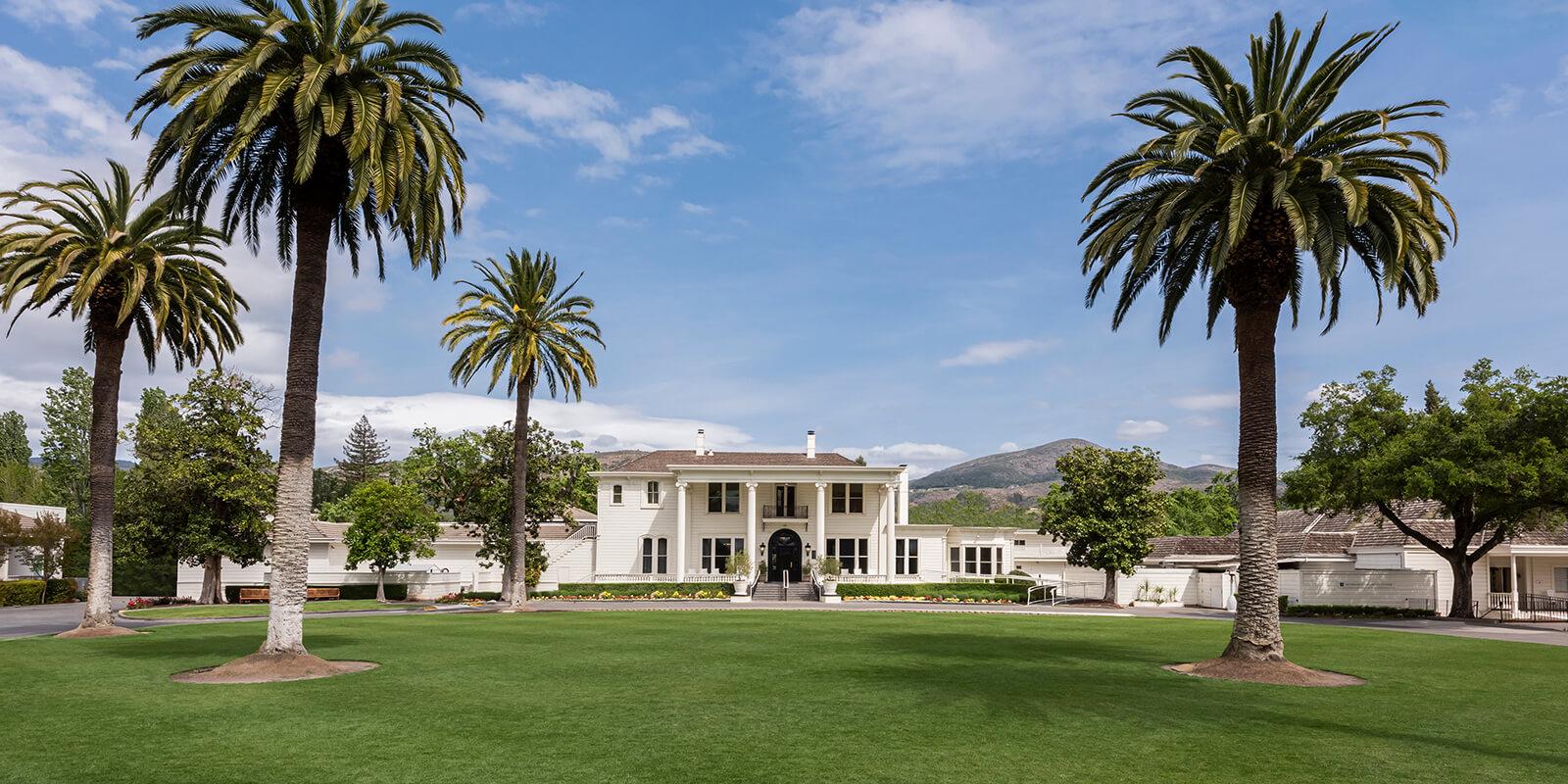 Panoramic view of the Silverado Resort with palm trees in the front garden