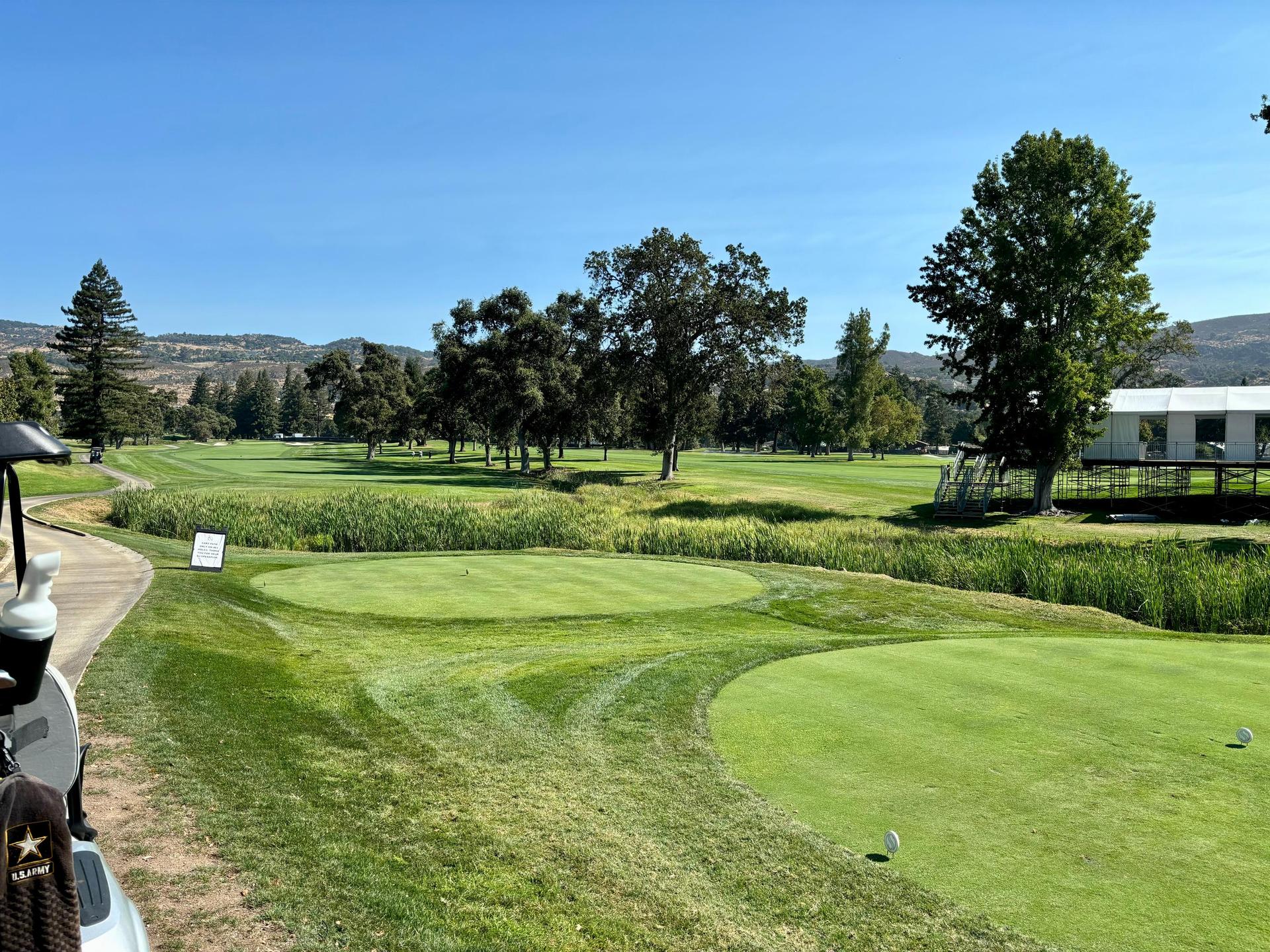 Tee box at the Silverado North Course under clear blue skies