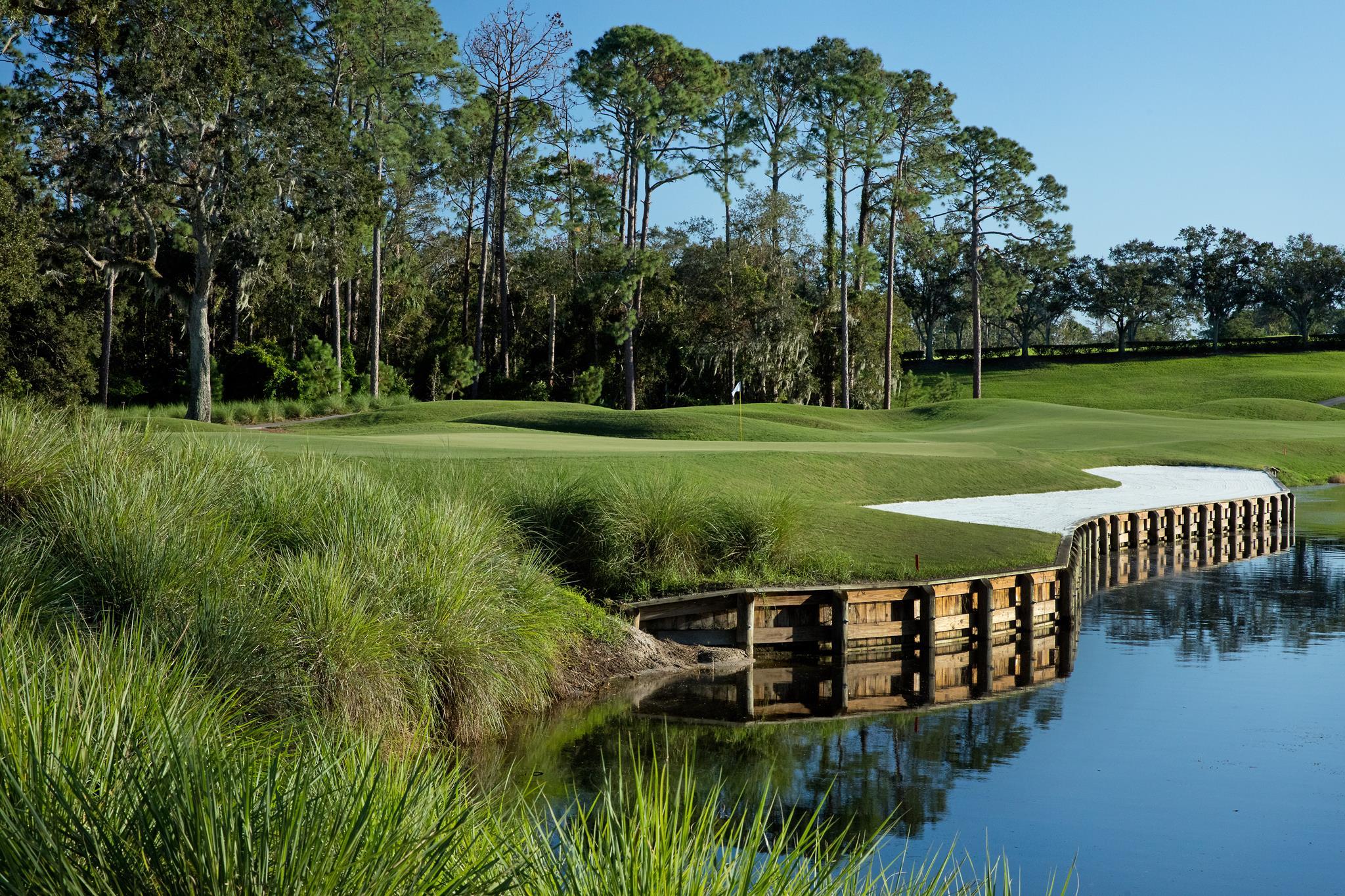 Green elevated from water hazard and sand bunker at the TPC Sawgrass course