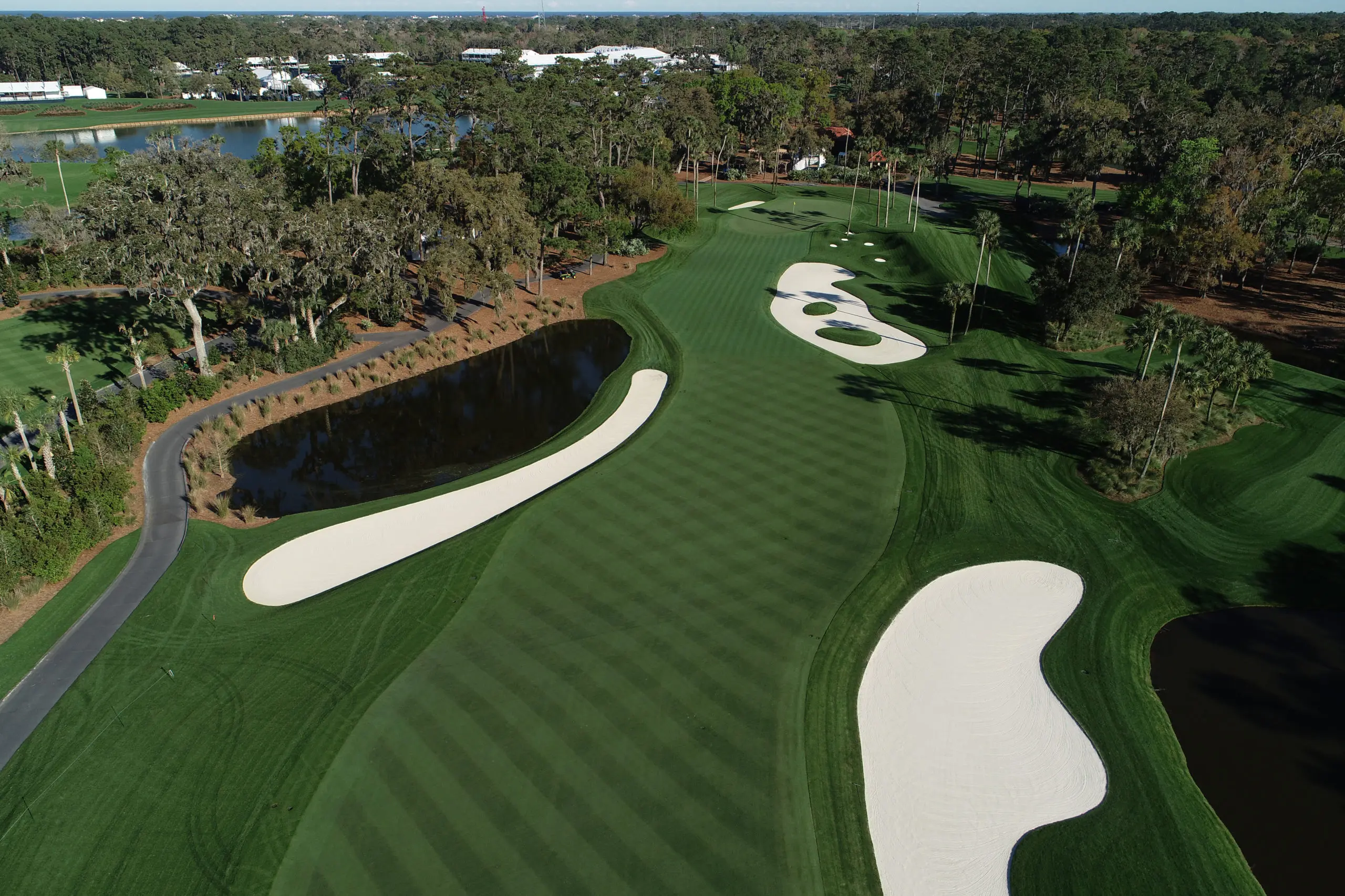 Birdseye view of The Players Stadium Course with its large sand bunkers and wide fairways