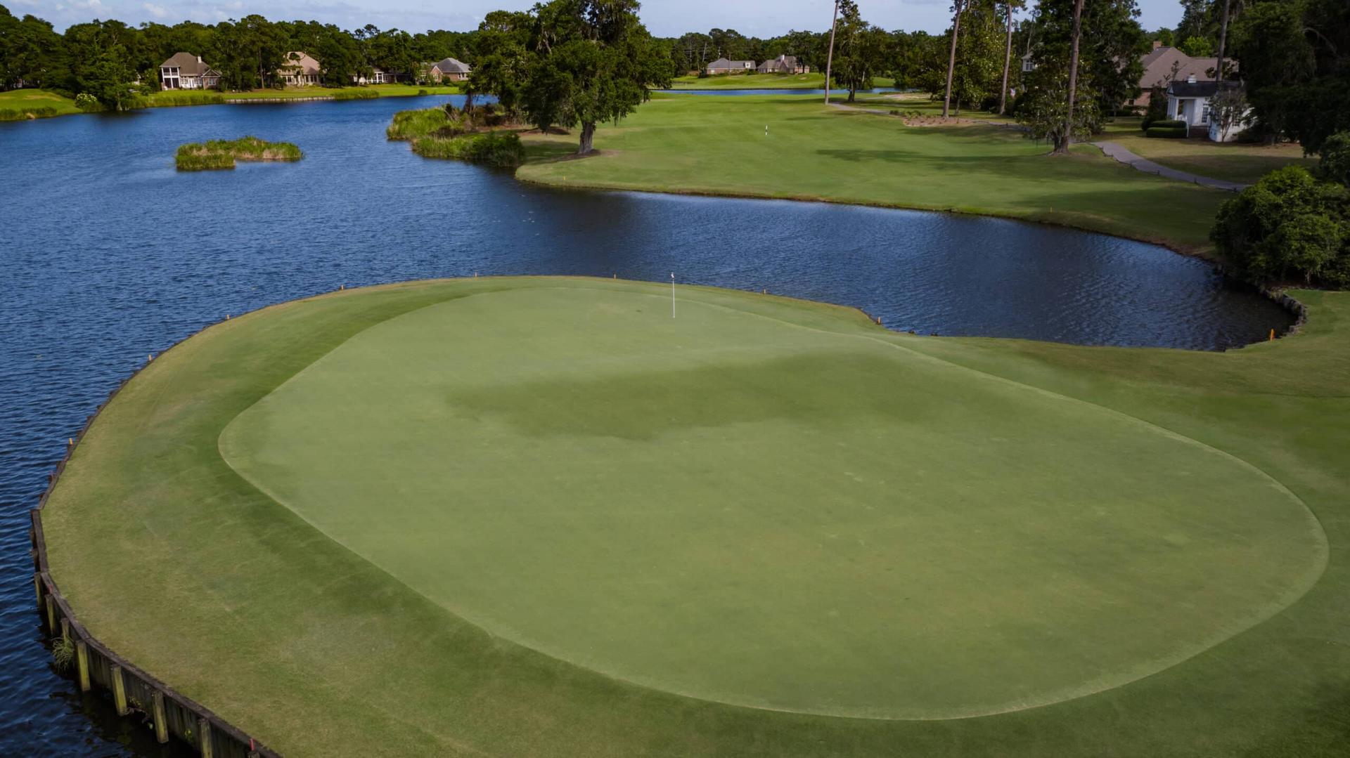 Overhead view of a smooth island like green