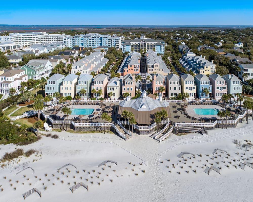 Birdeye view of the Wild Dunes Resort with two swimming pools leading to the beach