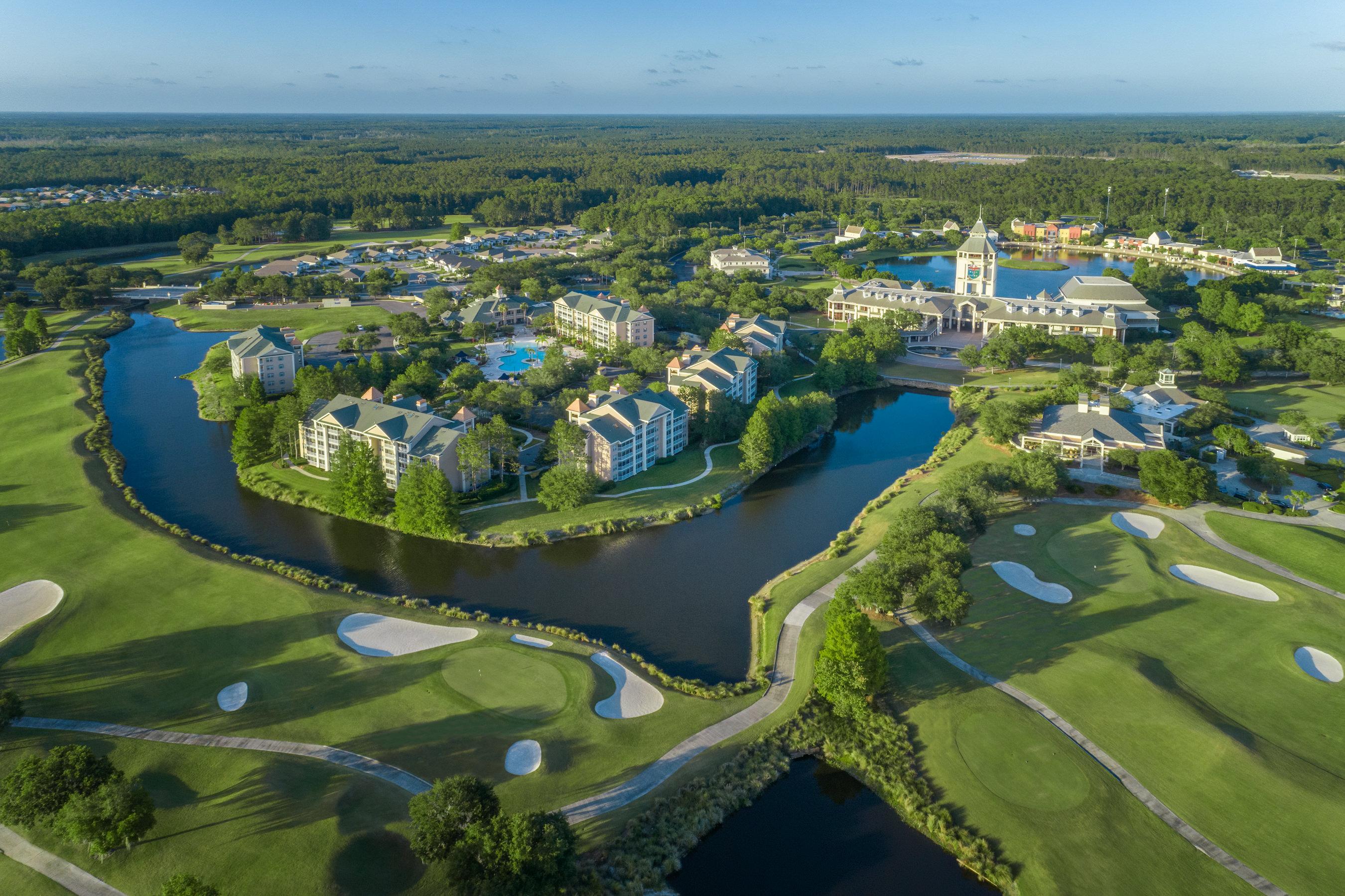 Aerial view of the World Gold Villages course, clubhouse, hotel and swimming pool