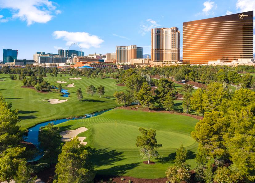 Overhead view of the hotel building overlooking their golf course