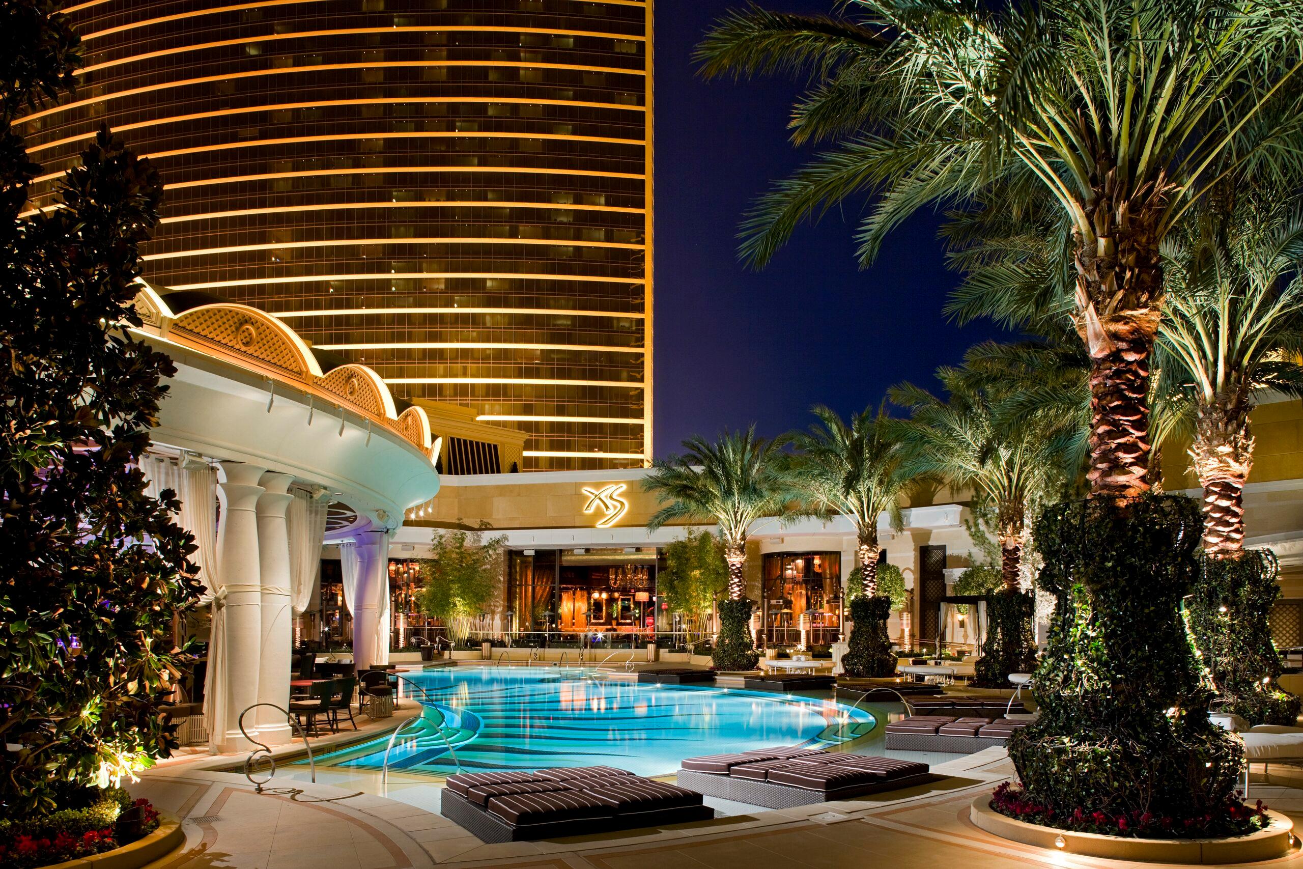 View of the luxurious hotel with an outdoor water feature