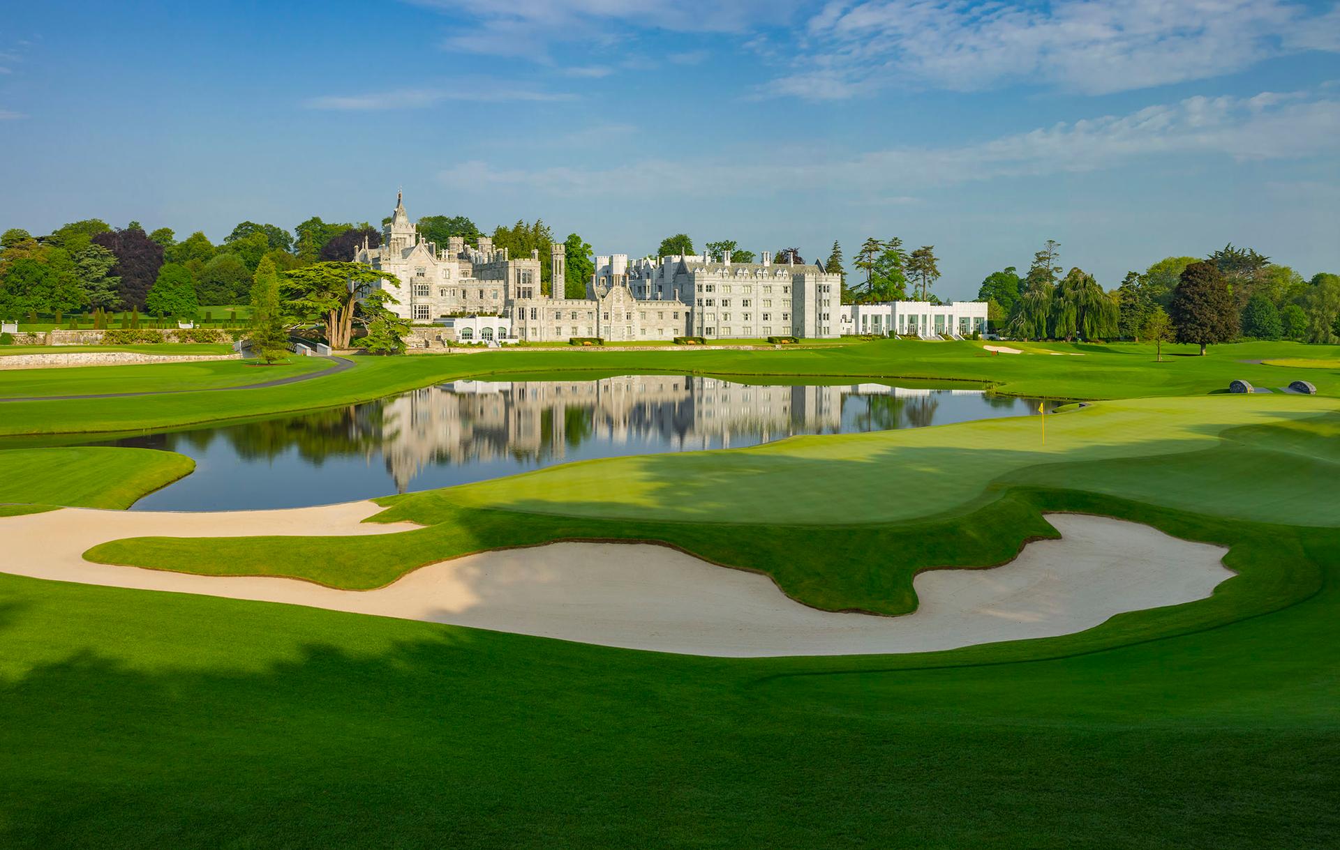 Reflective pond beside the manor and golf greens.