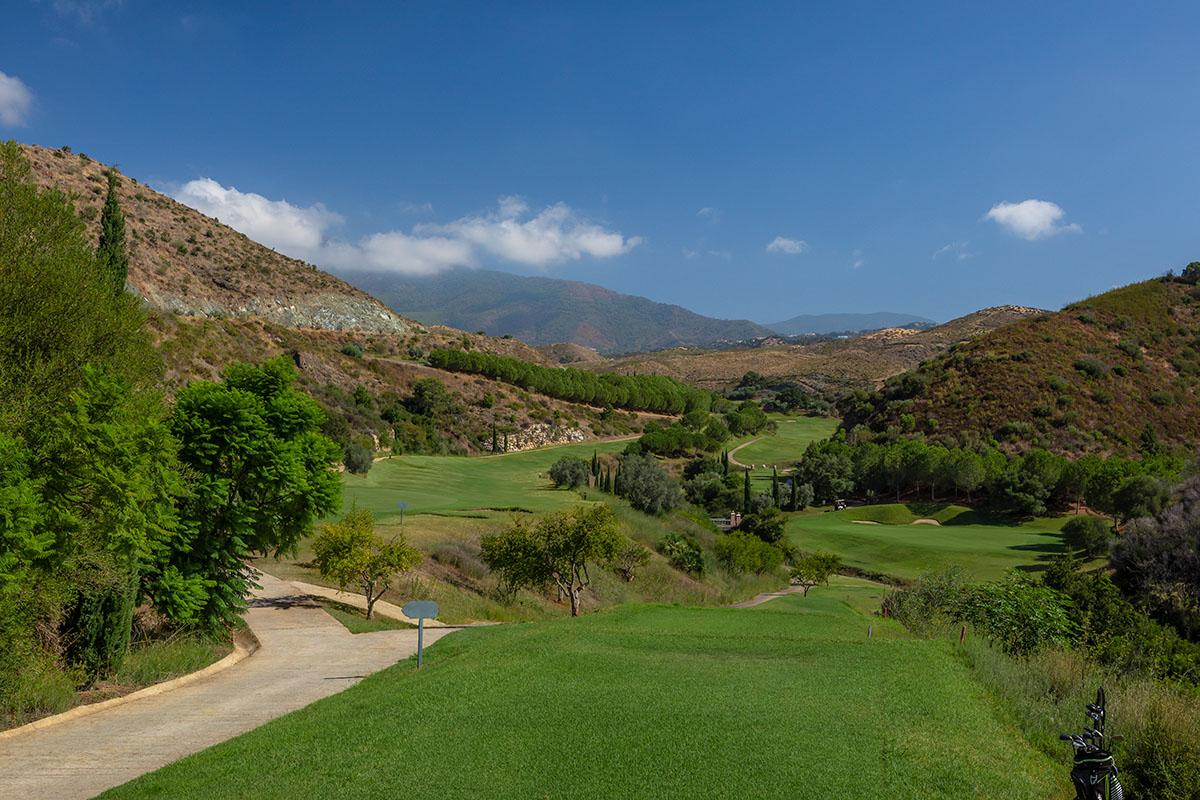 Winding fairway with mountains in the background