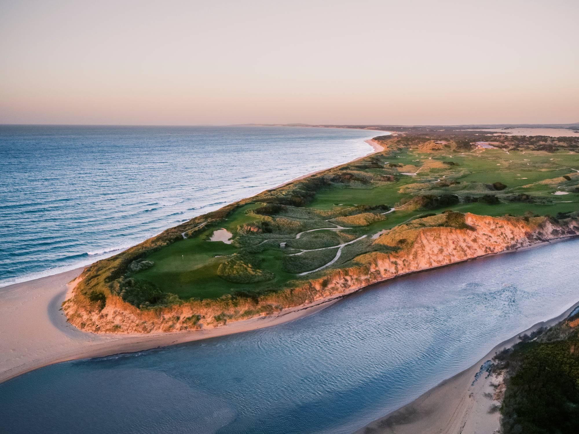 Overhead view of the Barnbougle Resort golf course with coastal views