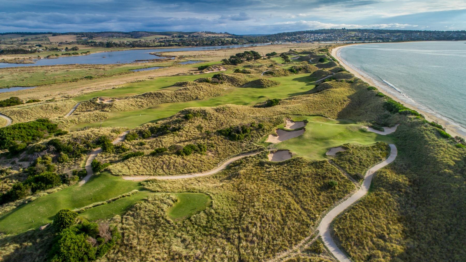 Birdseye view of the Barnbougle Resort golf course with coastal views