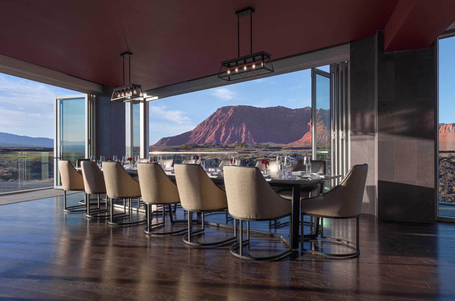 Dining room at the resort with panoramic views of the distant mountains