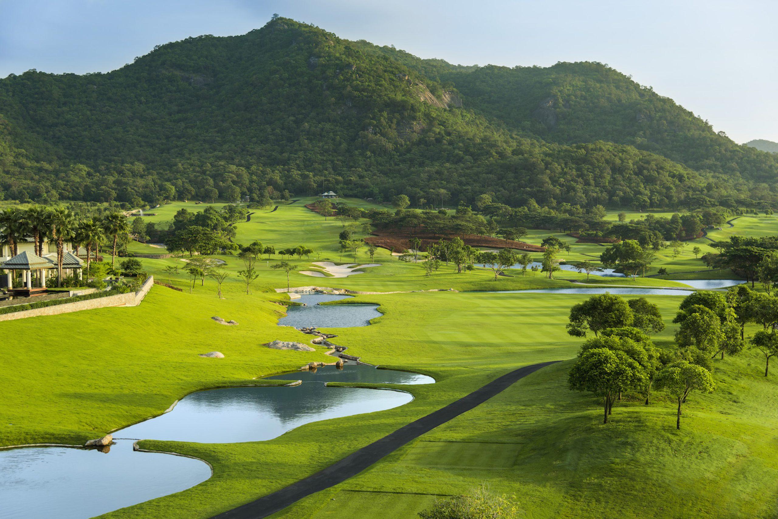 Elevated shot of the Black Mountain Golf Course with mountain views in the background
