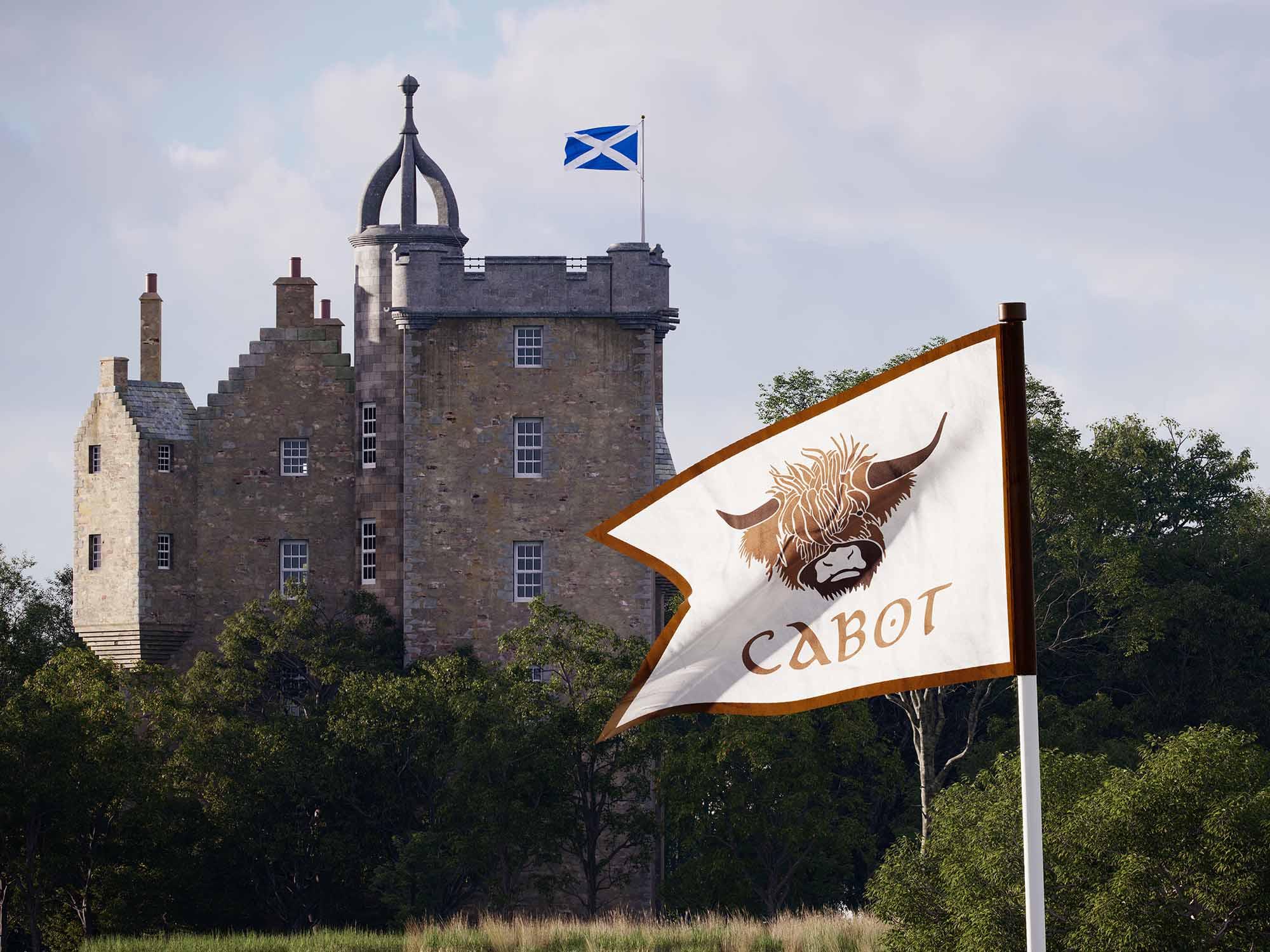 The Cabot Highlands logo flagstick being overlooked by the hotel