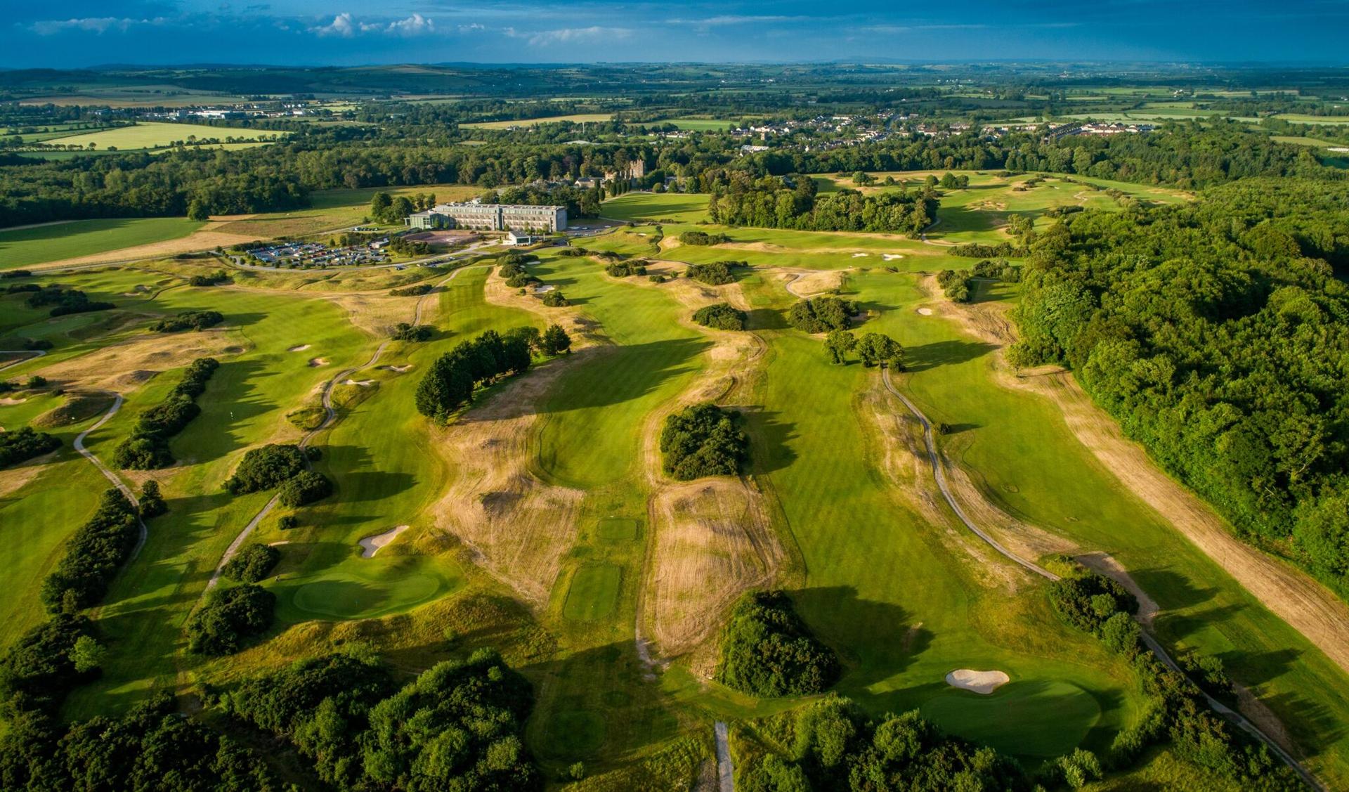 A sweeping aerial view of the Castlemartyr Resort and its surrounding championship links course.