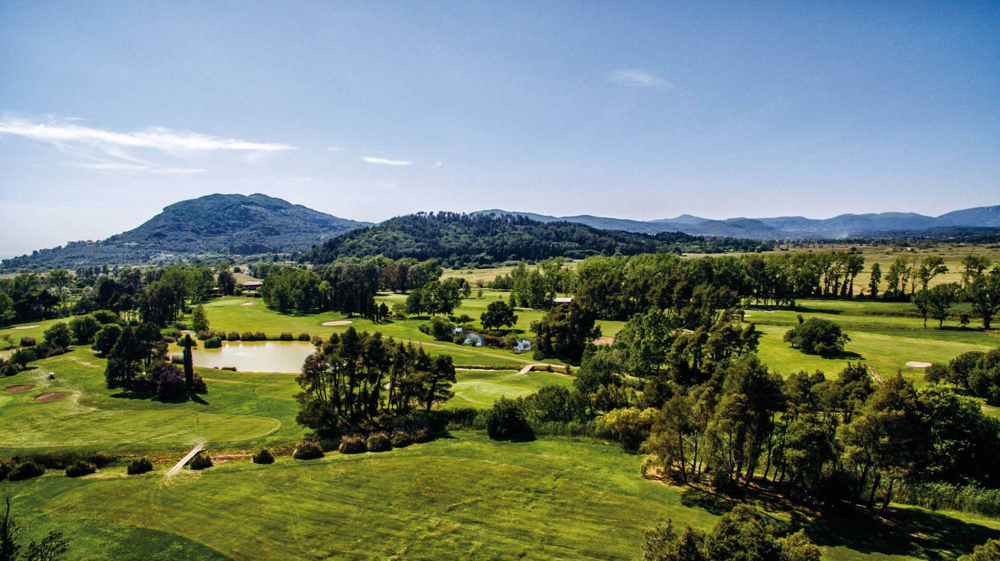 Overhead view of the Corfu Golf Club course riddles with trees and water hazards