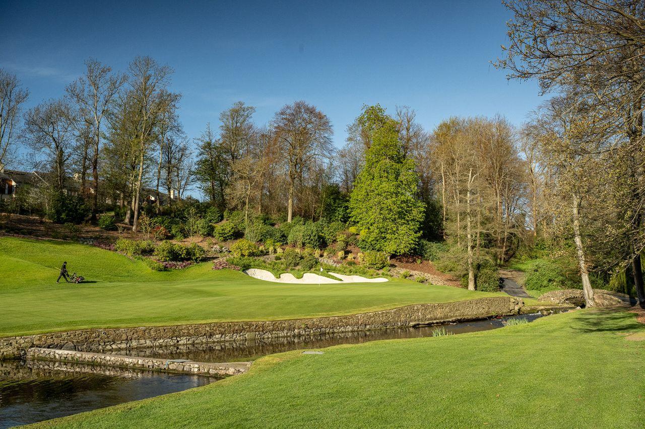 A golfer walks past a creek beside a green bordered by trees and bunkers.