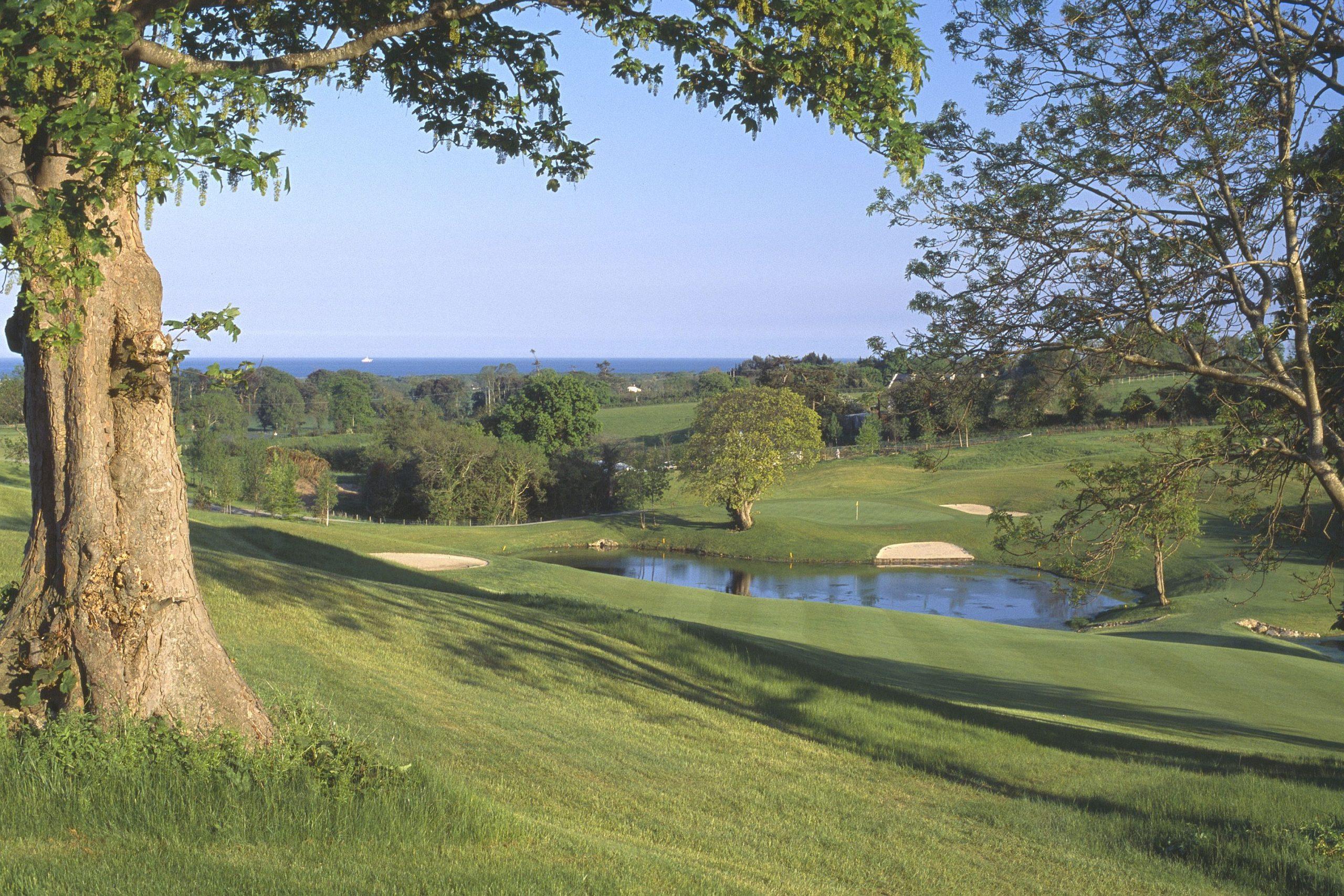 A peaceful course view with a pond surrounded by lush trees and rolling hills.