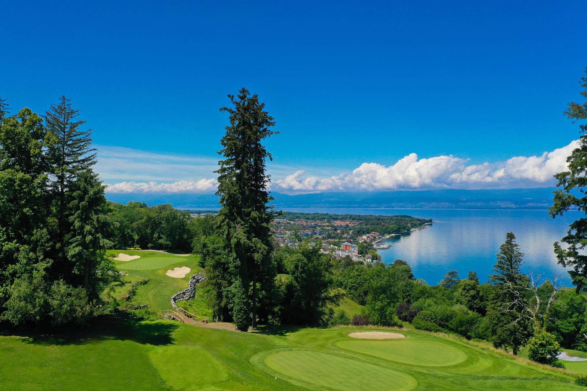 Aerial view overlooking Lake Geneva