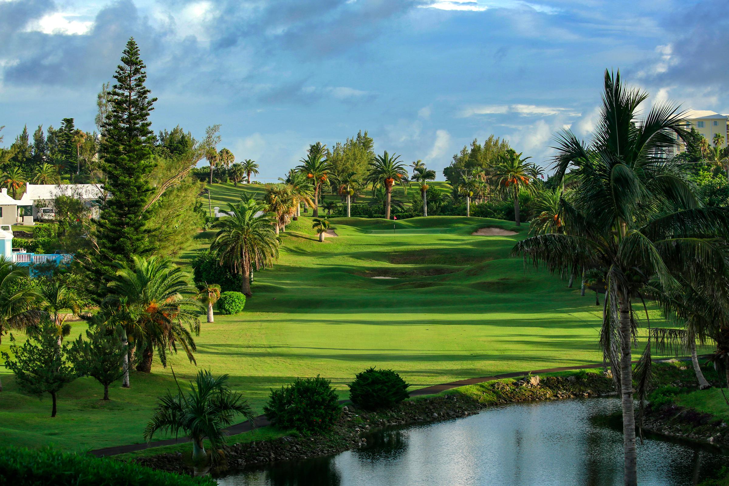 Lush fairways surrounded by palm trees at Grotto Bay Golf Course.