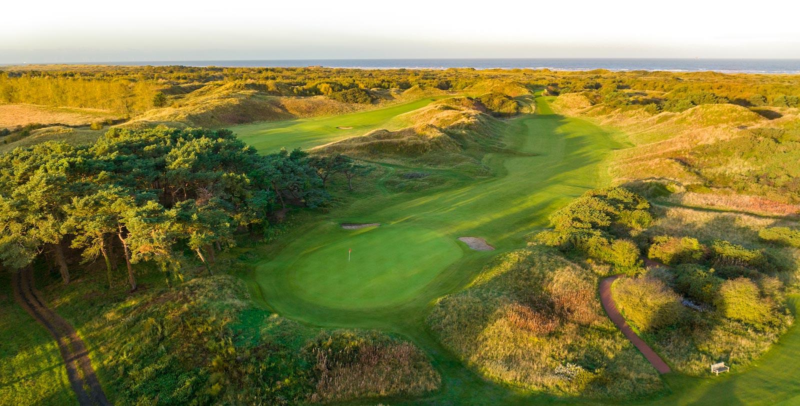 Birds eye view of the Hillside Golf Club showing its wide fairways amongst tall dunes