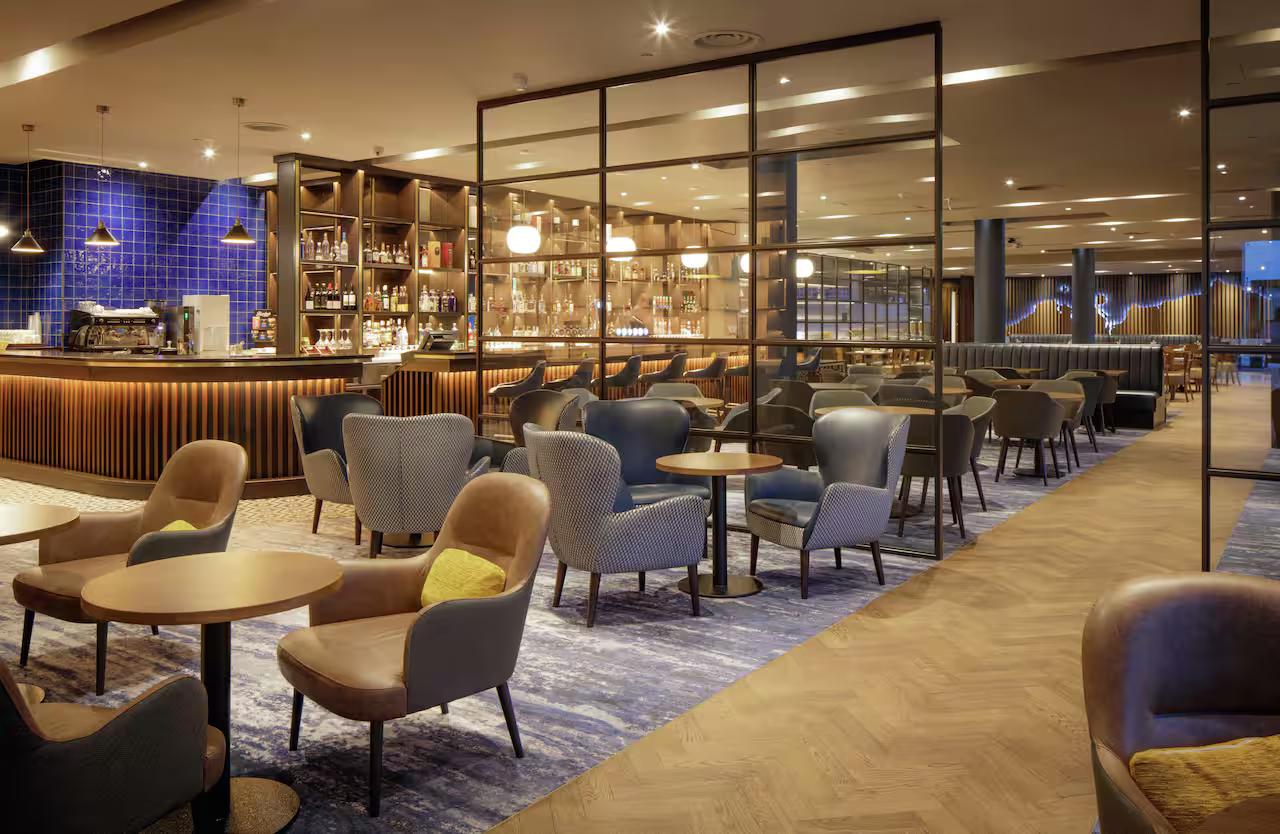 Hilton Dublin facade with Charlemont Bar & Bistro signage visible.