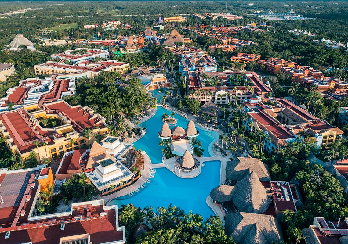 Aerial view of the Iberostar Selecion Paraiso Lindo hotel featuring their large swimming pool