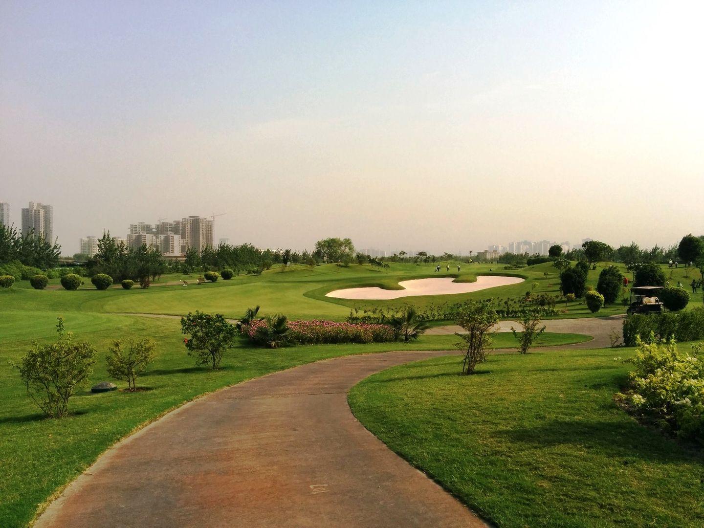 A city golf course with bunkers and lush greenery surrounded by high-rise buildings.