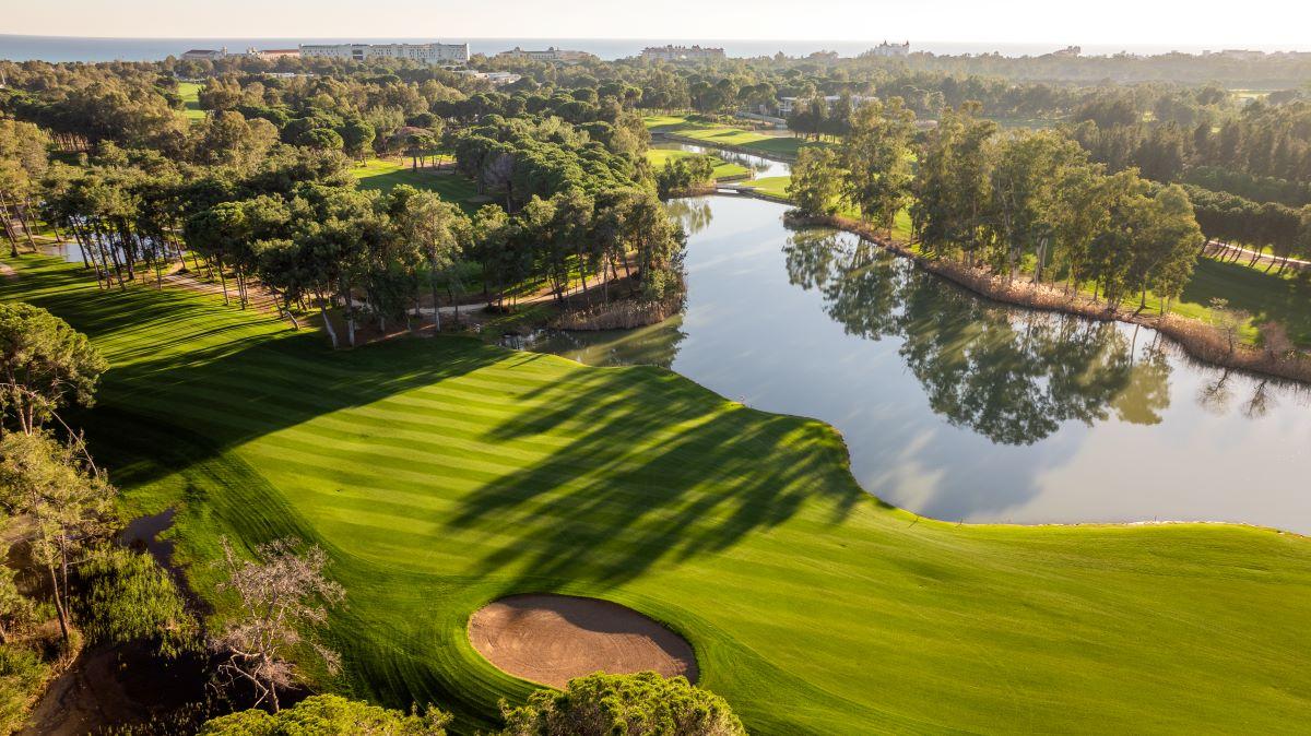 Aerial view of a narrow, manicured fairway with water along one side