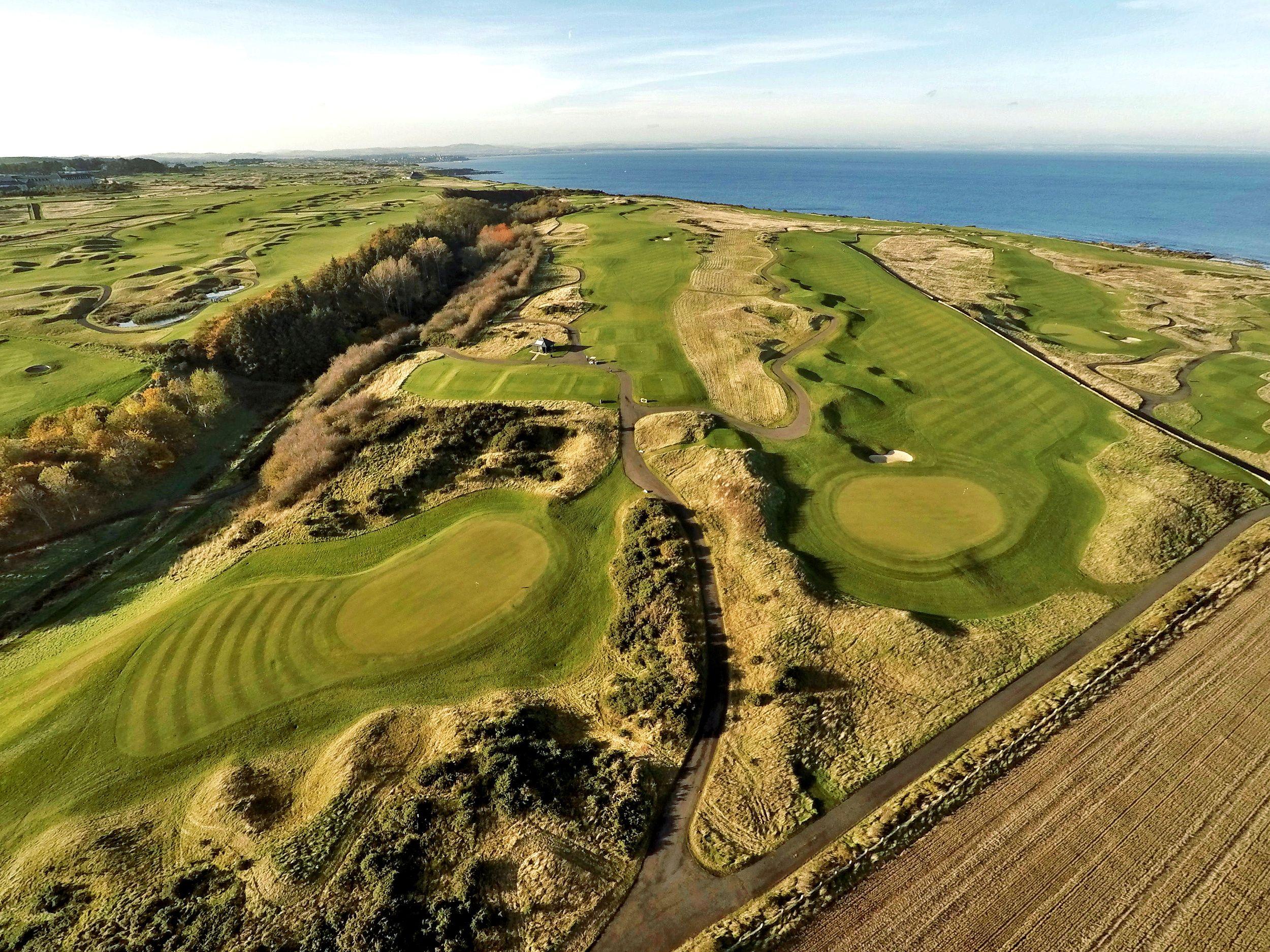 Aerial view of the Kittocks Course reveals winding fairways along the rugged coastline.