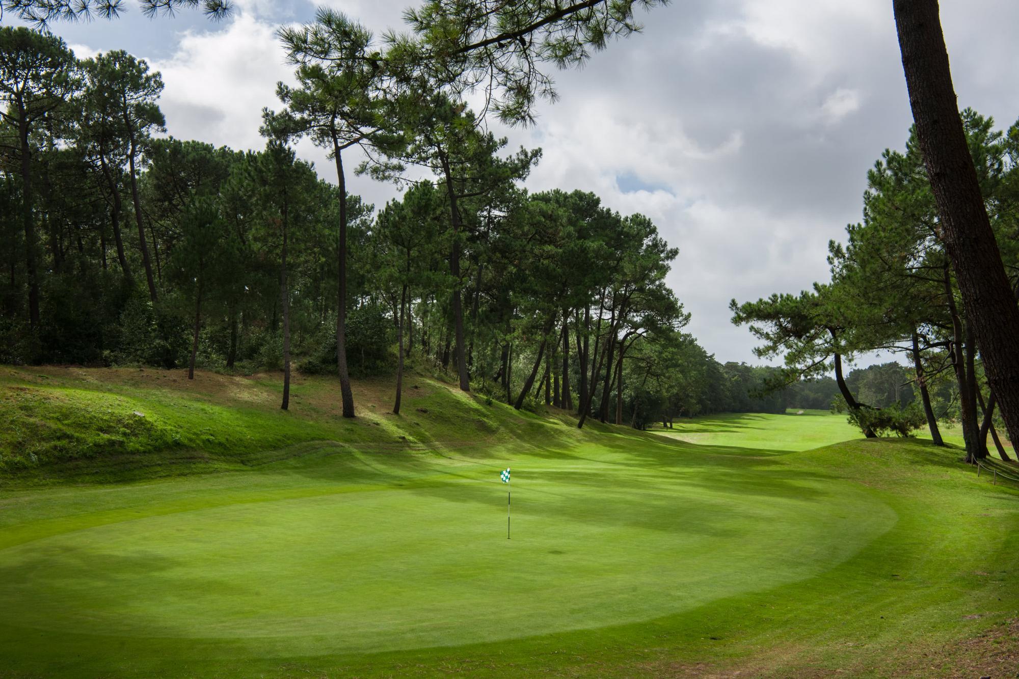 Narrow fairway leading to a green surrounded by trees