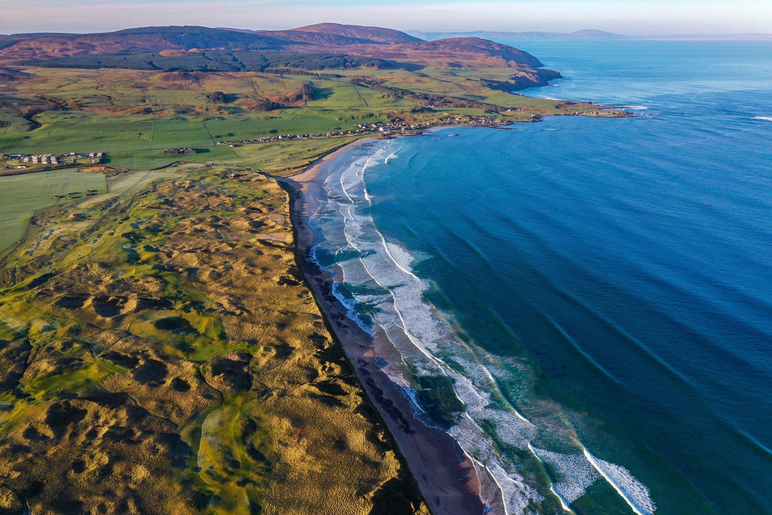A aerial view of the rugged coastline and sprawling golf course.