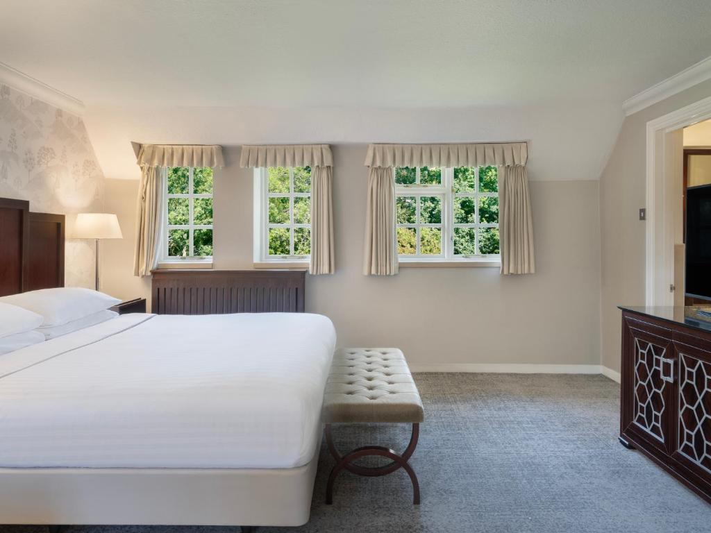 A cozy bedroom with large windows, a big bed, and a view of green trees outside.