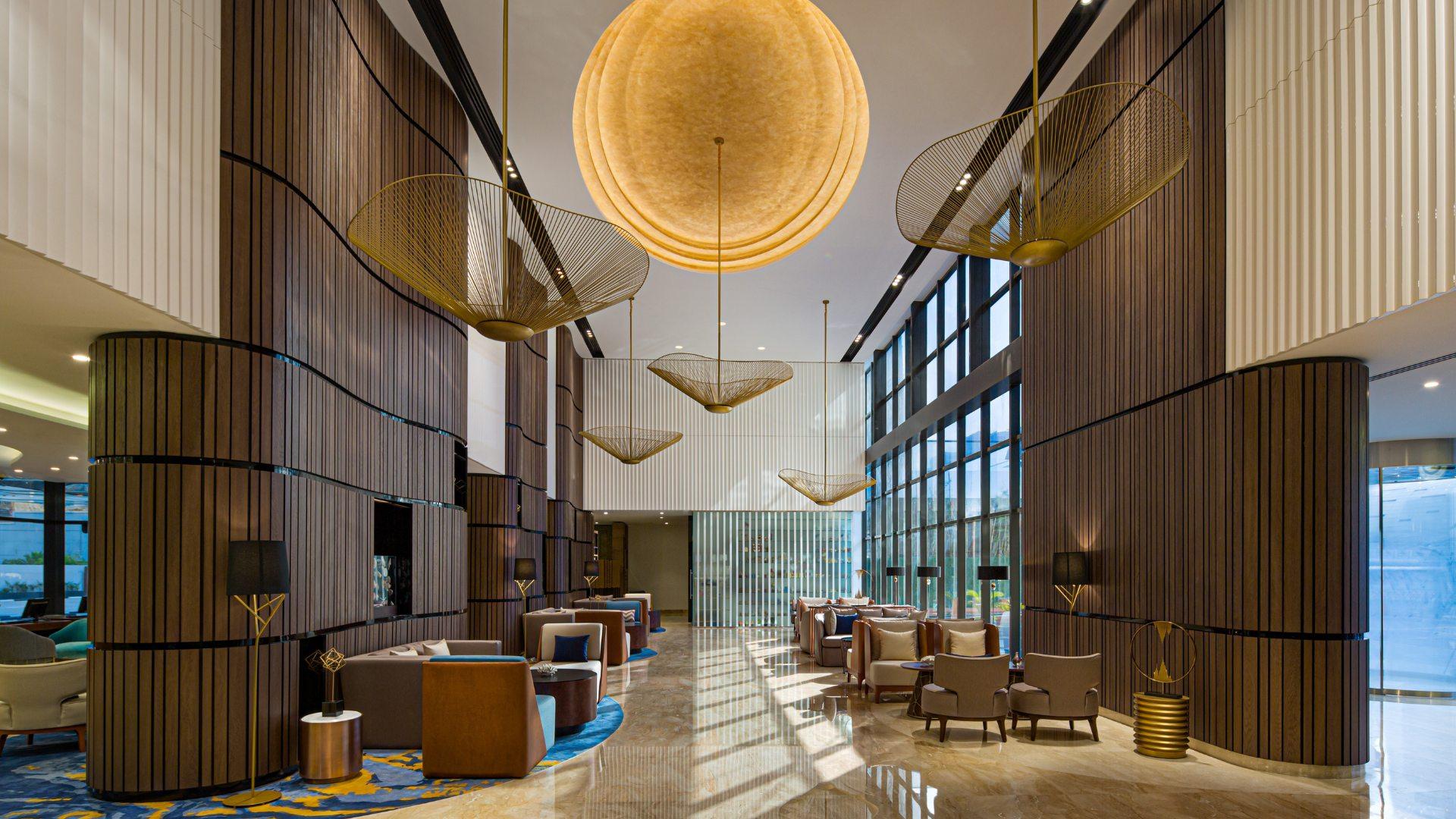 Elegant hotel lobby with chandelier lighting