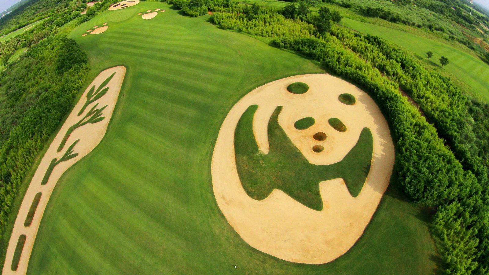 Aerial view of creative sand bunker designs, including a panda shape, on a golf course.