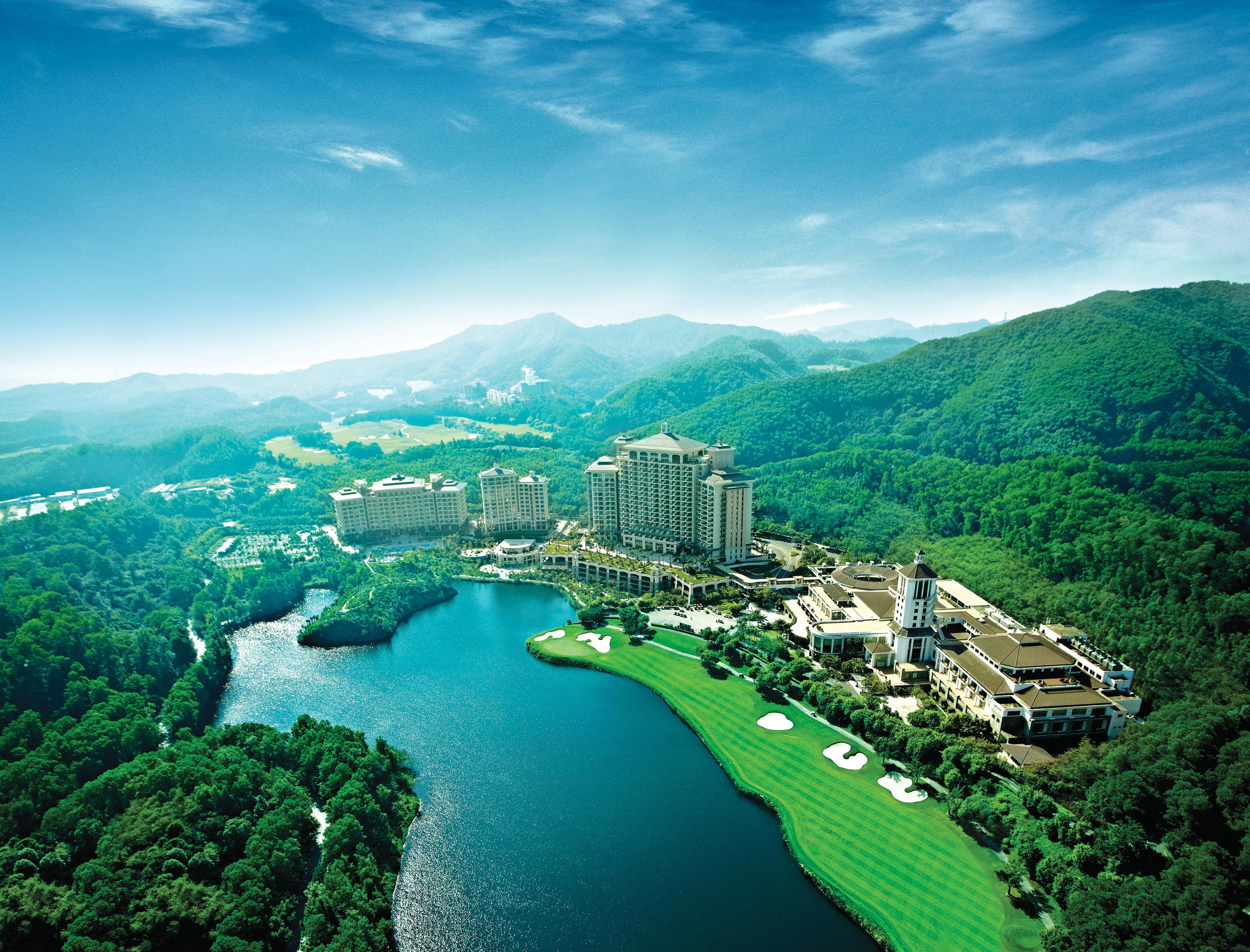 Aerial view of the Mission Hills Resort Dongguan looking out onto their course