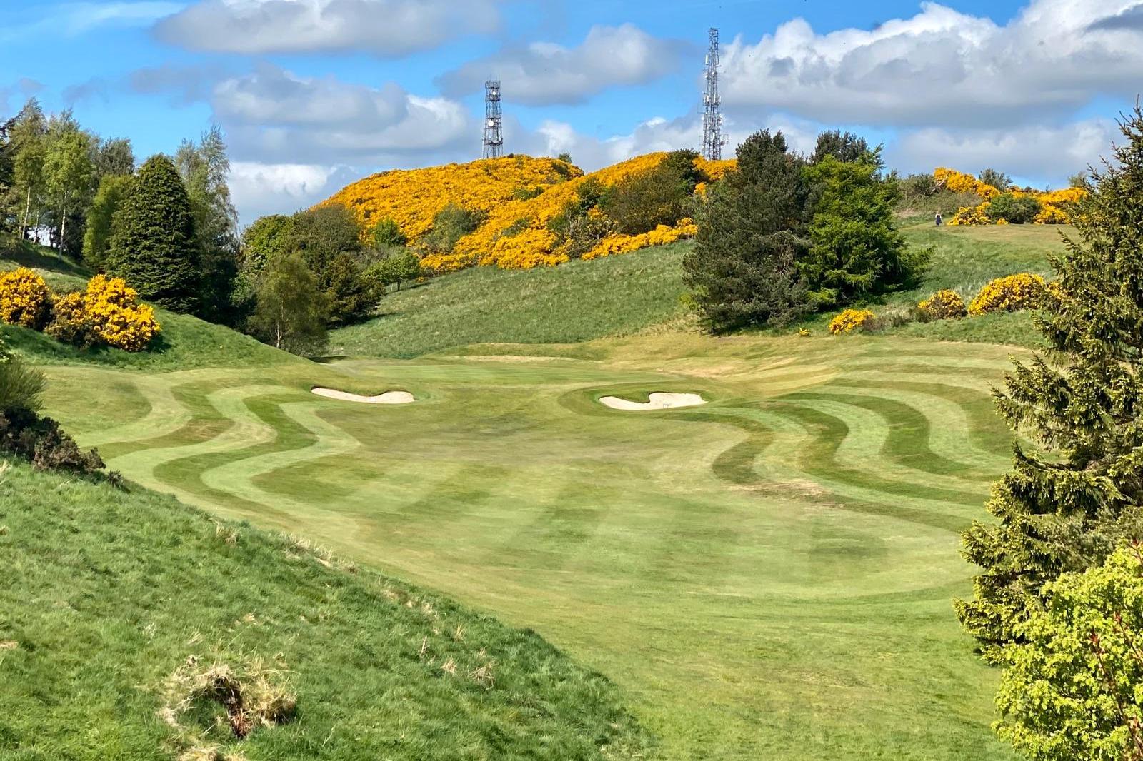 A rolling fairway leads to a green guarded by bunkers, with blooming gorse adding color.