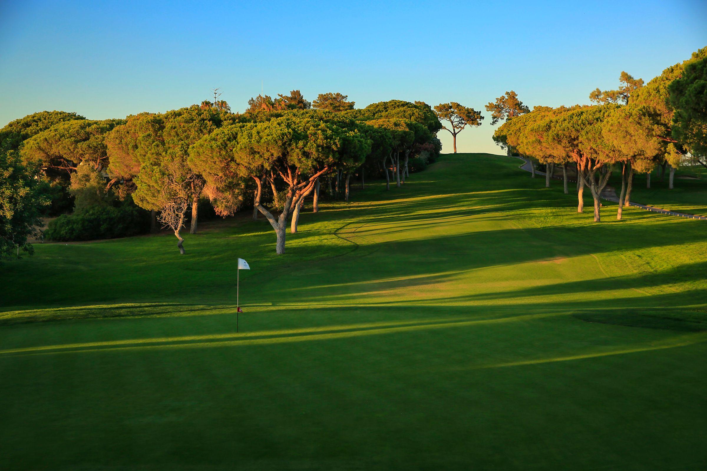 Downhill fairway leading to the green at sunset