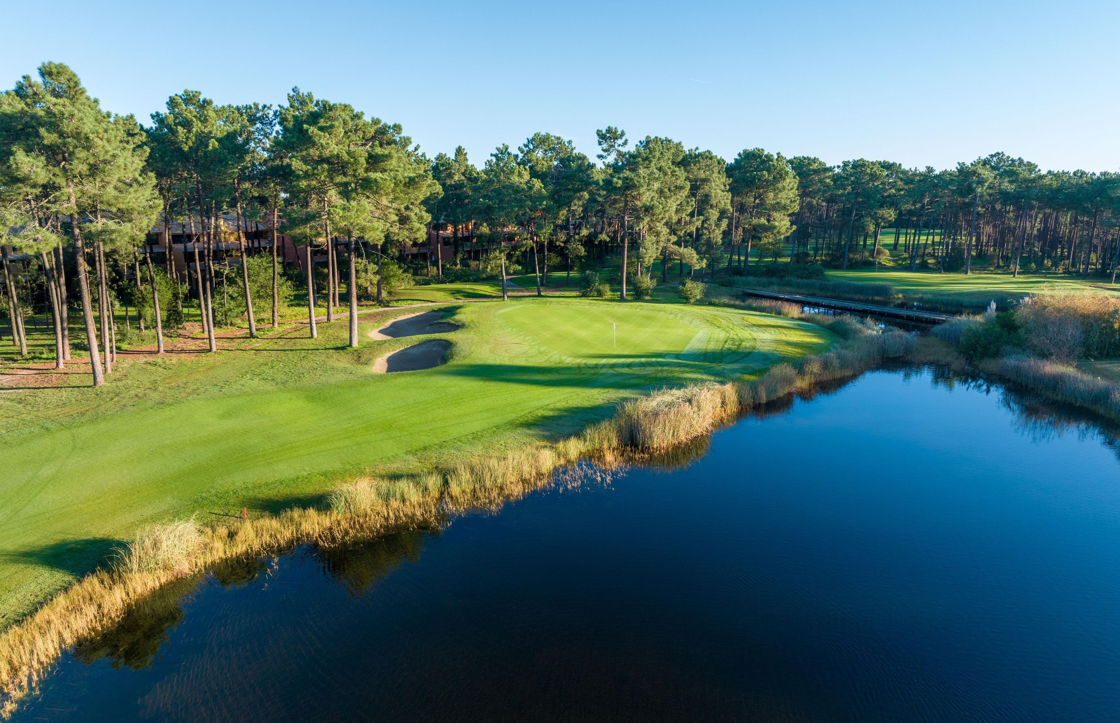 Fairway winding around a water hazard towards a green