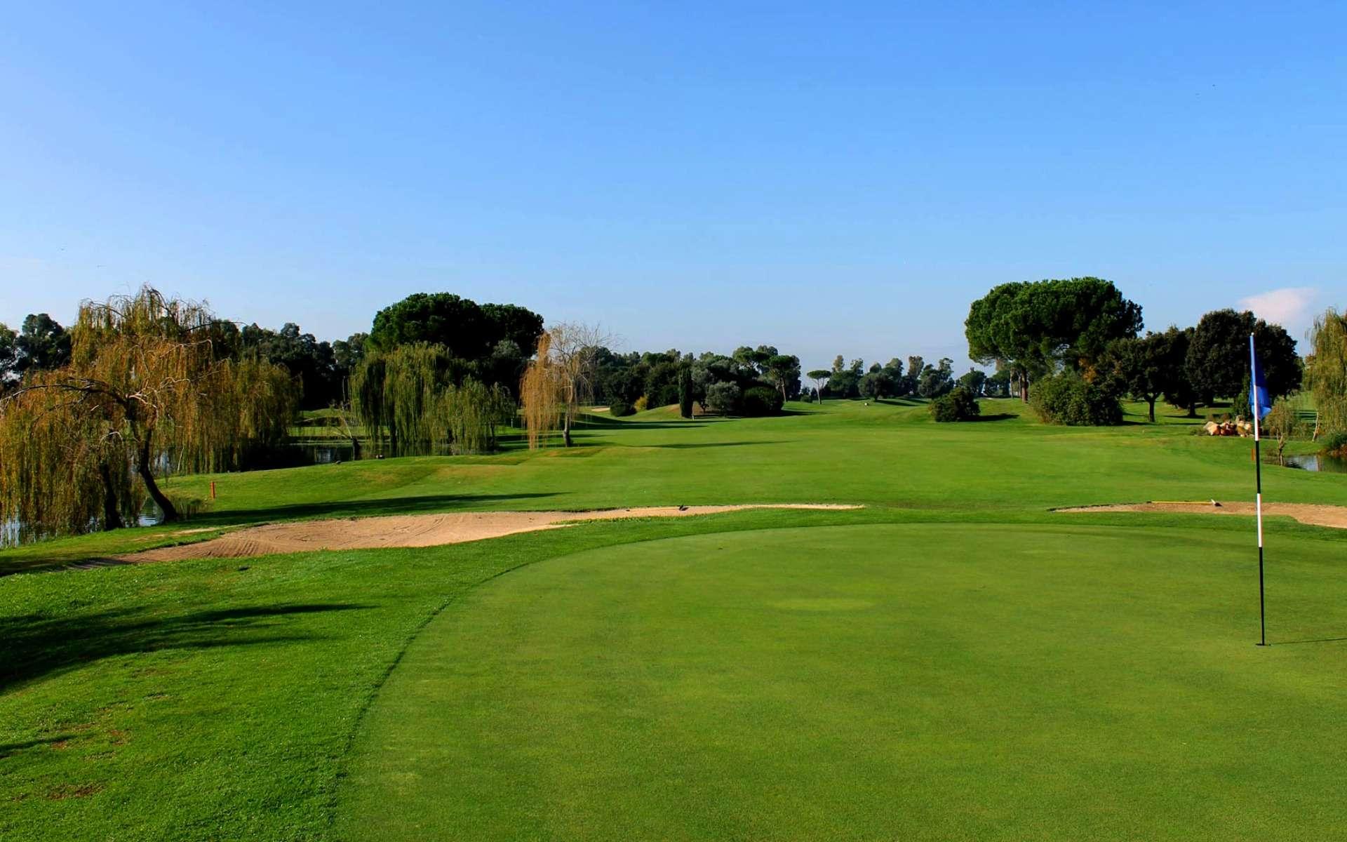 A pristine green with sand bunkers and trees surrounding the fairway.