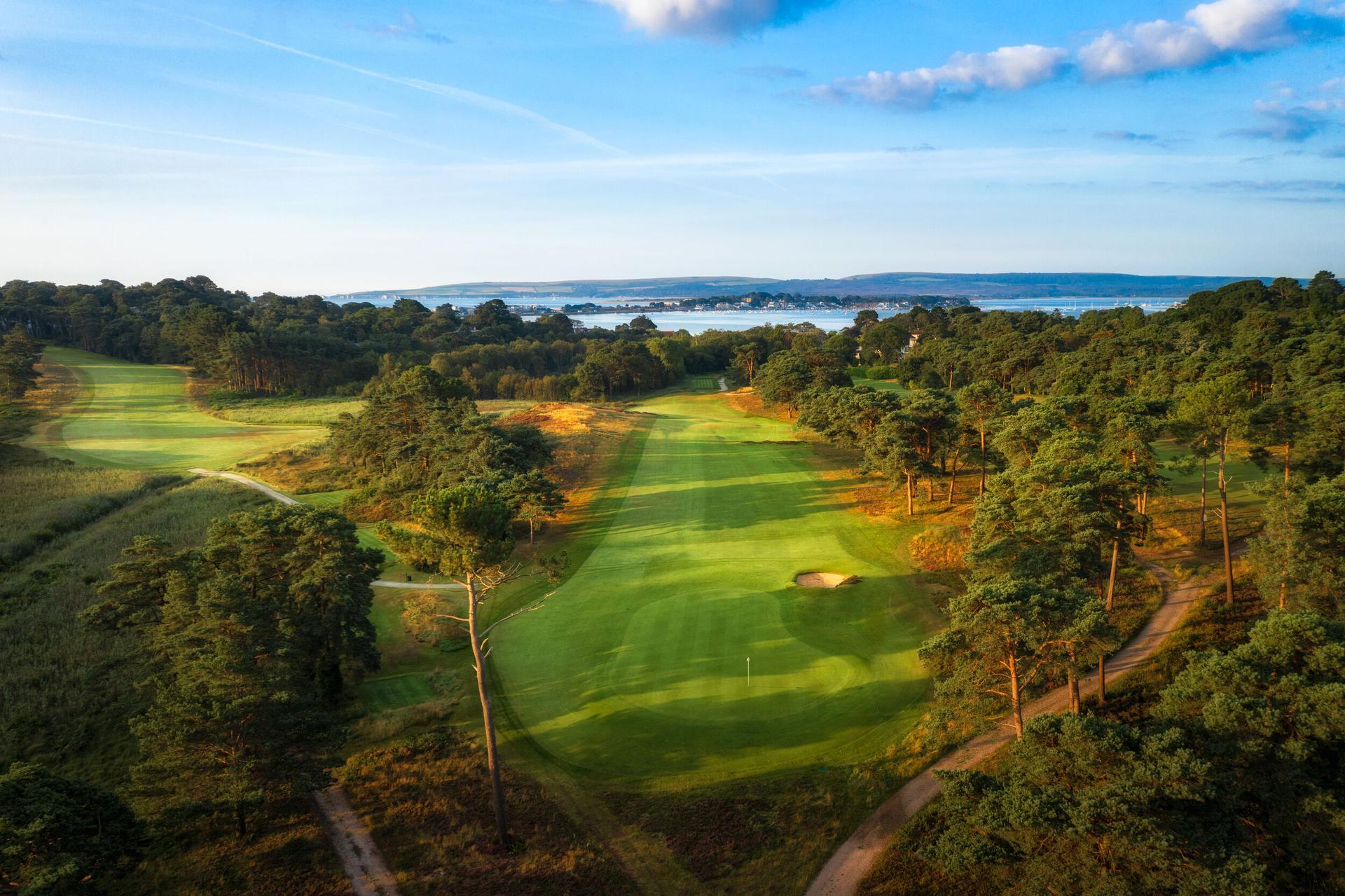 A sweeping fairway leading toward the water, framed by tall trees.