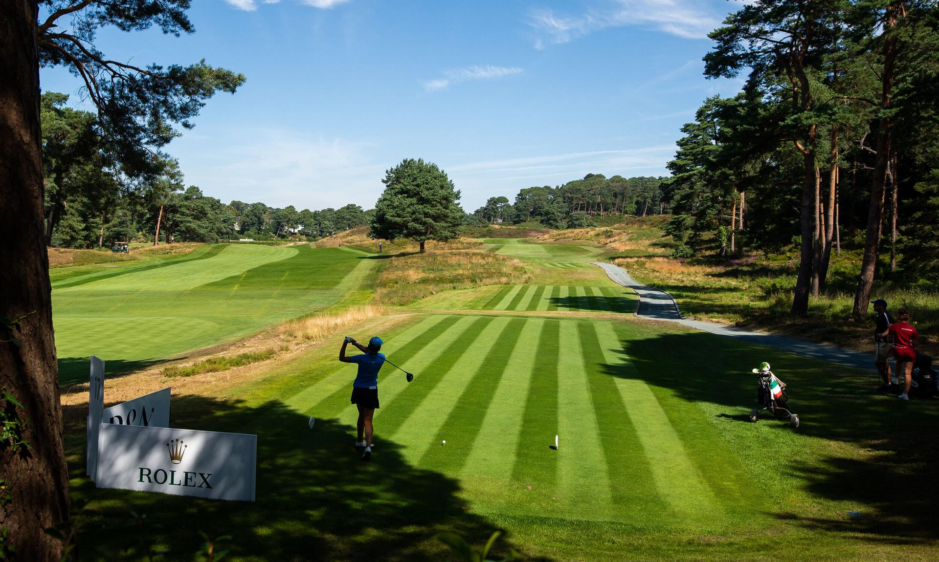 A golfer tees off on a perfectly striped fairway surrounded by trees.