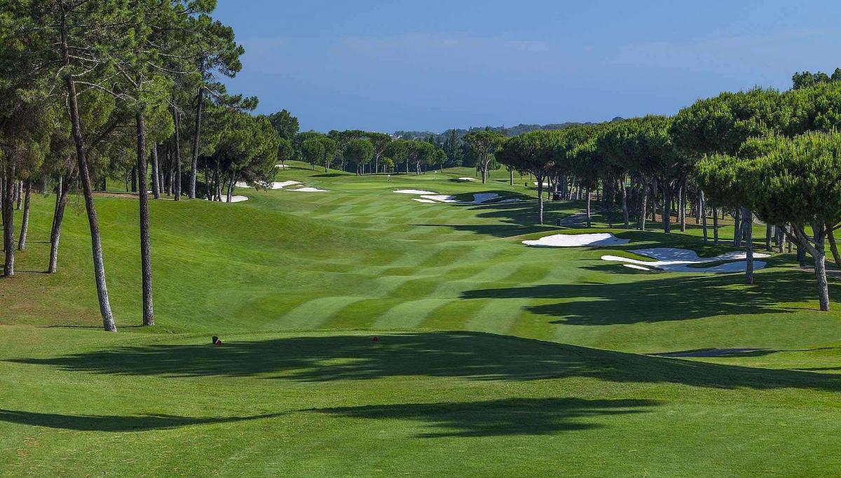 Undulating fairway flanked by bunkers leading towards the green