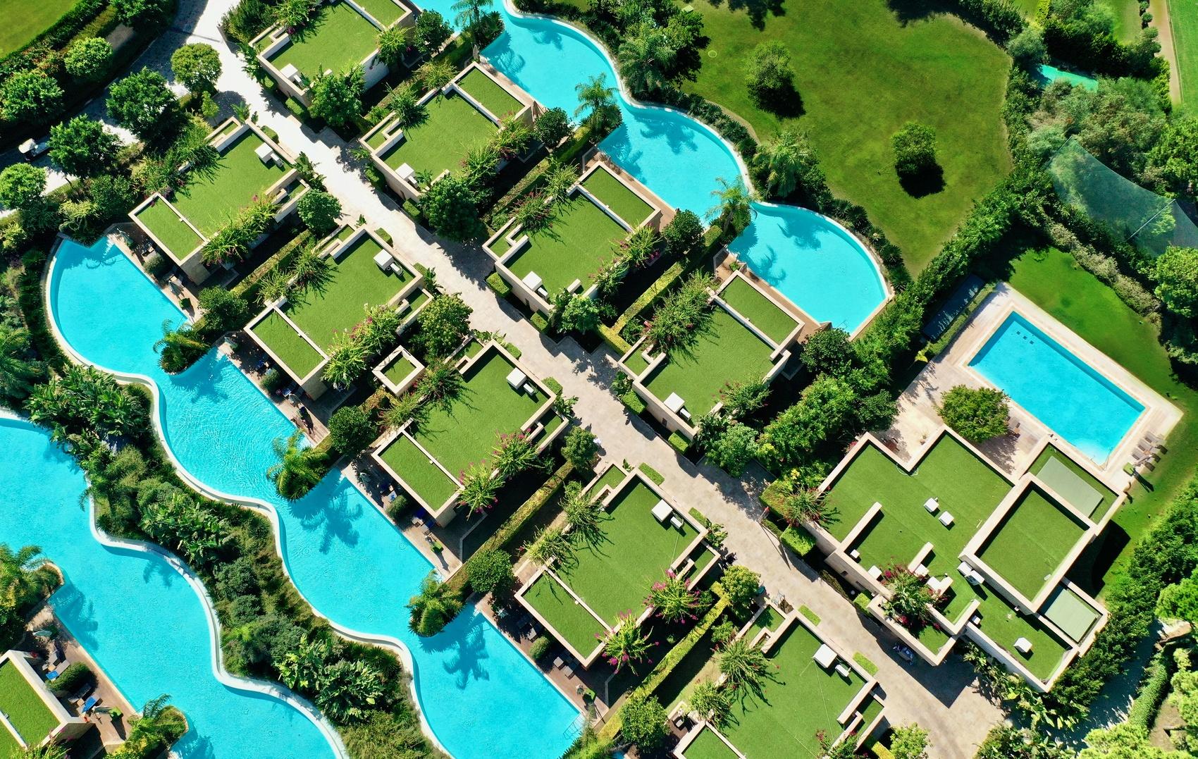 Bird's eye view of the residences with private swimming pools