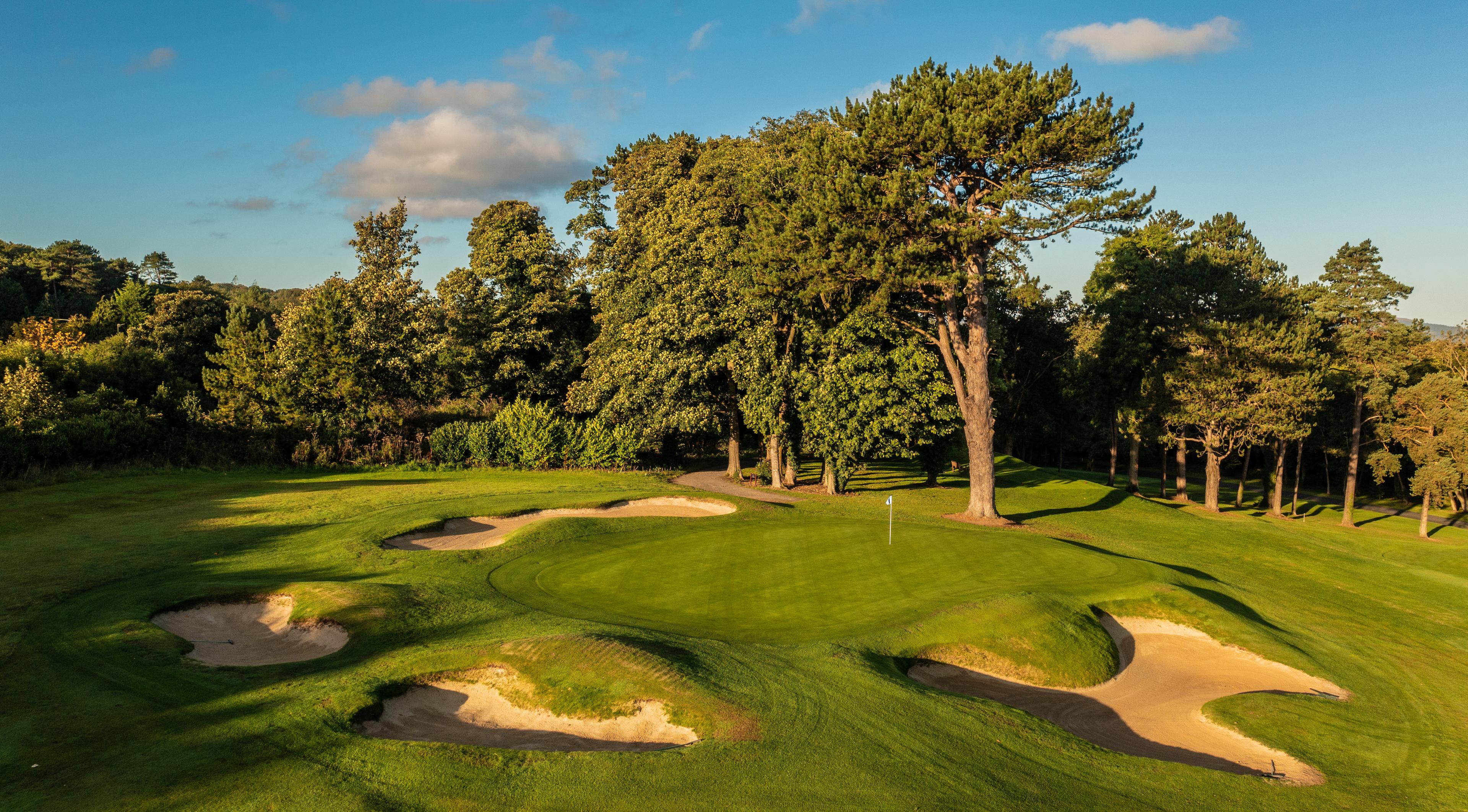 A challenging green surrounded by deep bunkers and framed by towering trees on a sunny afternoon.